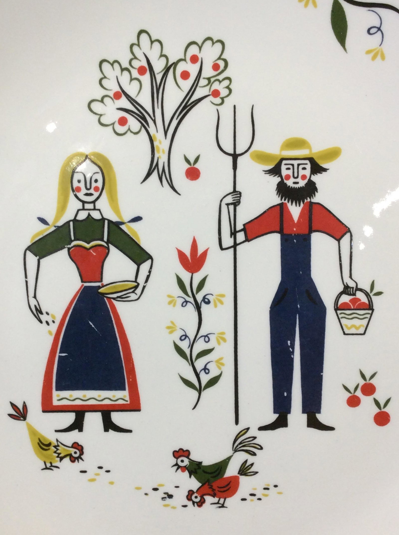 Lot 2 Decorative Hand Painted Porcelain Plates: Folk art design, male and female farmers holding hay pitch fork and holding apples and pie. Chickens pecking. Plate Hallmarked , reads, RHYTHM BY HOMER LAUGHLIN K54N4. Made in USA 10.25 in. Other plat