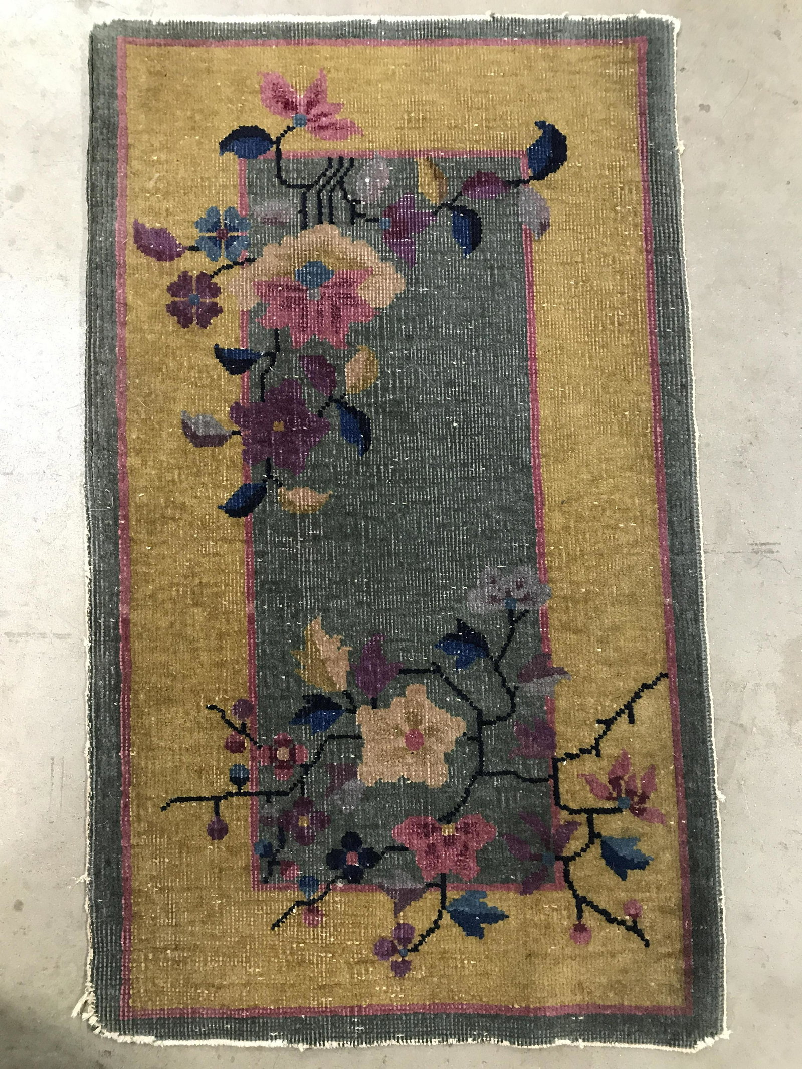 Vintage Handmade Chinese Art Deco Wool Rug: Rug is wool and handmade. Piece contains multi toned floral leaf and vine detail. Rug, carpet, area rug, wool rug, Chinese Art Deco rug, textile arts and accessories, home decor, home accent, home fur