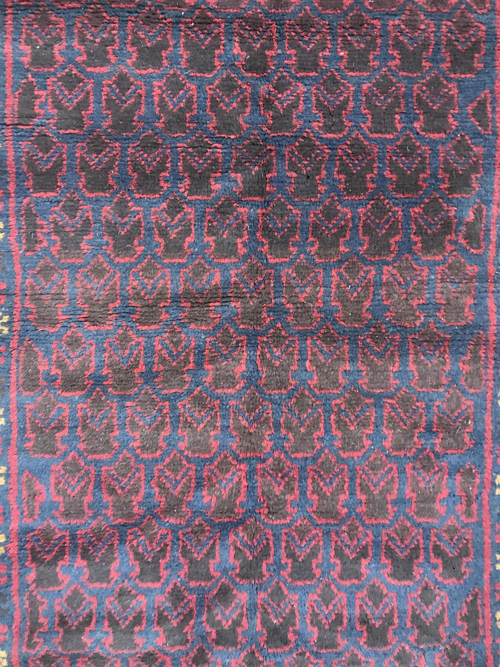 Vintage Persian Wool Rug: Vintage, possibly antique, Persian rug. Carpet is frilled. Floral pattern decorates outer border. Measures approximately 71 inches long, and 40 inches wide. Wear is consistent with age and use. Vintag