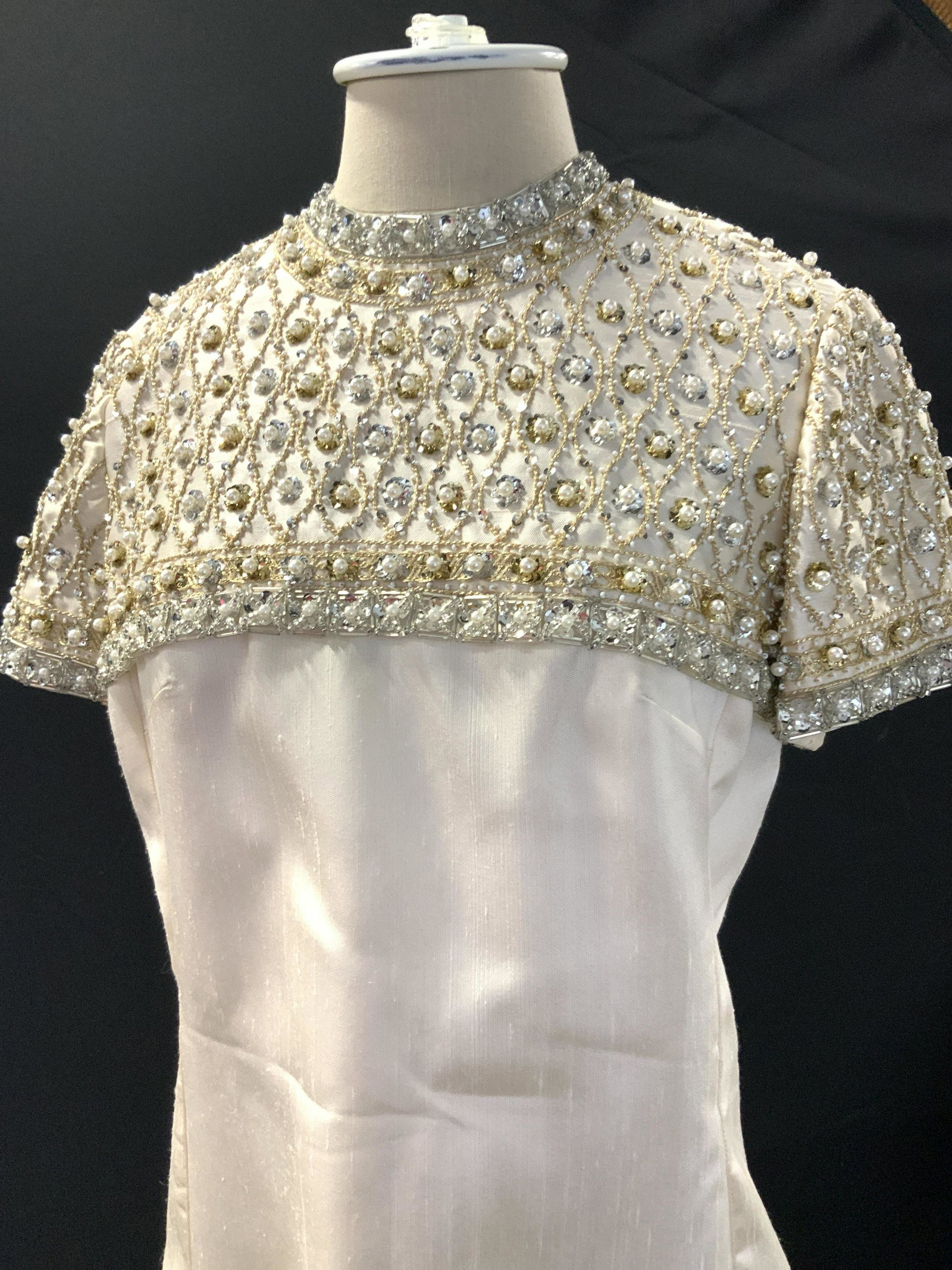 Vintage Silk Custom Made Cocktail Dress: Midcentury custom made cocktail dress. A high crew neck and hand beaded design. Silk lined dress. Back zipper smooth. good vintage condition, no fabric issues noted. Length 52.5 in. Waist 36 in. Luxur