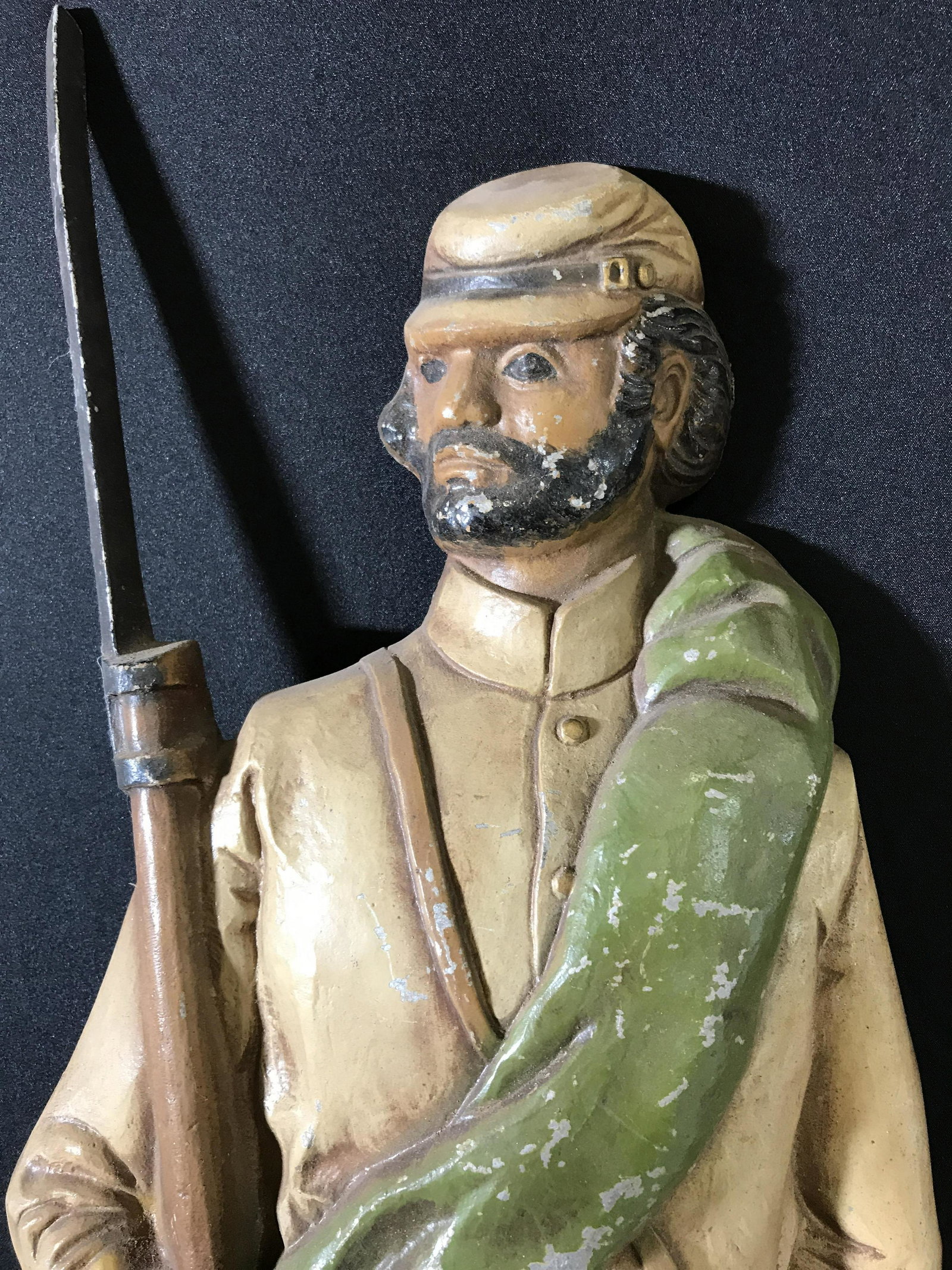 Vintage Sexton Civil War Soldier Wall Decor: Vintage soldier decor, appears to be crafted from iron. Depicts a soldier wielding a bayoneted rifle. Measures approx 25.5 inches H, and 9 inches W. Wear is consistent with age and use. Backside reads