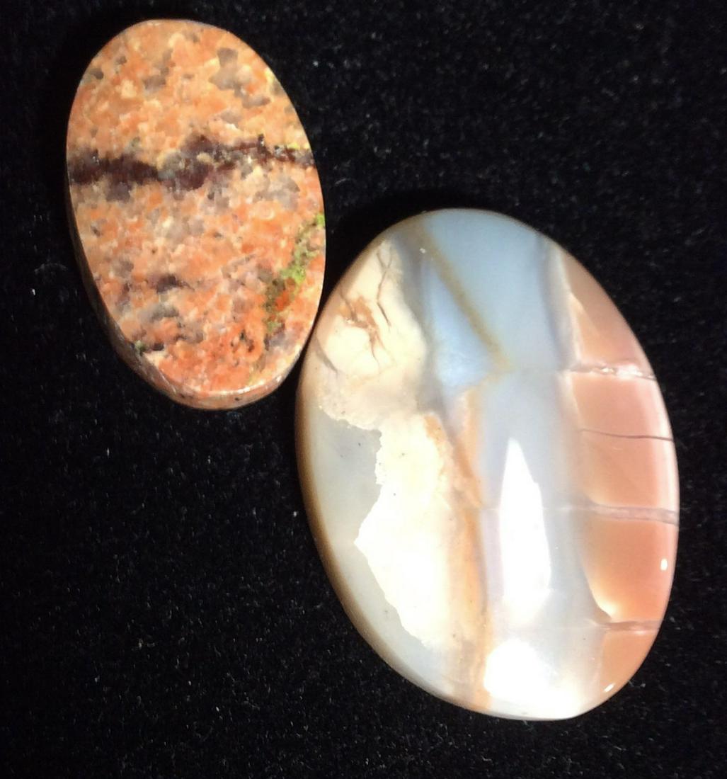 Lot 5 Polished Semi Precious Mineral Stones: Oval and rectangular cabochons, possibly includes mixed agates, Feldspar, Mixed Smokey quartz, black quartz, tigers eyes, Iridescent Minerals, carnelian, more. Largest ( 1 5/8 x 1 1/8 in.) includes go