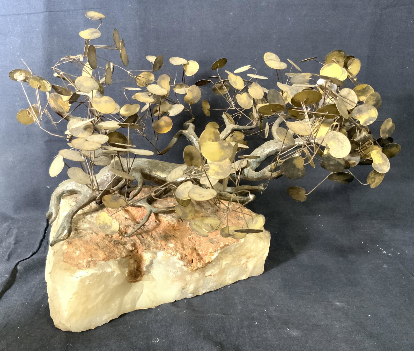 Arts & Crafts Wired Metal Tree Sculpture On Quartz: Asian Style Tree made out of hammered metal ( possibly brass or other base metal). Sits on oversized white quartz rock. Felted bottom. App 14 in. L, 11.5 in. W, 11.5 in hot. Weighted piece. Sculpture,
