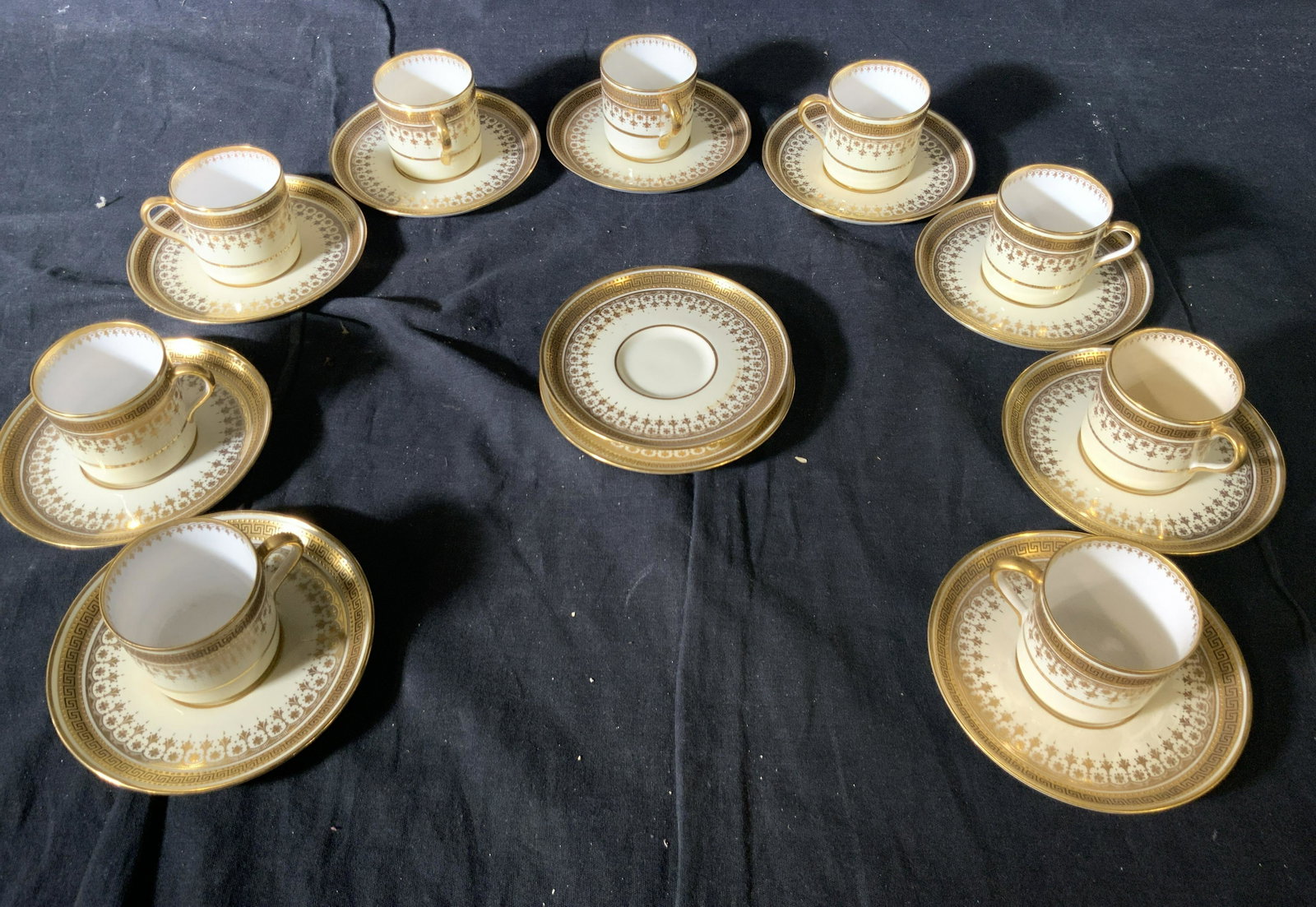 Spode Gild porcelain Demitasse Set 20, England: Multiple hallmarks on this vintage Spode Copelands China ( stamped in green ink) Davis Collamore & Co Ltd of Fifth Ave & 37th St. New York ( stamped in brown ink). Most pieces hand signed by artist wi