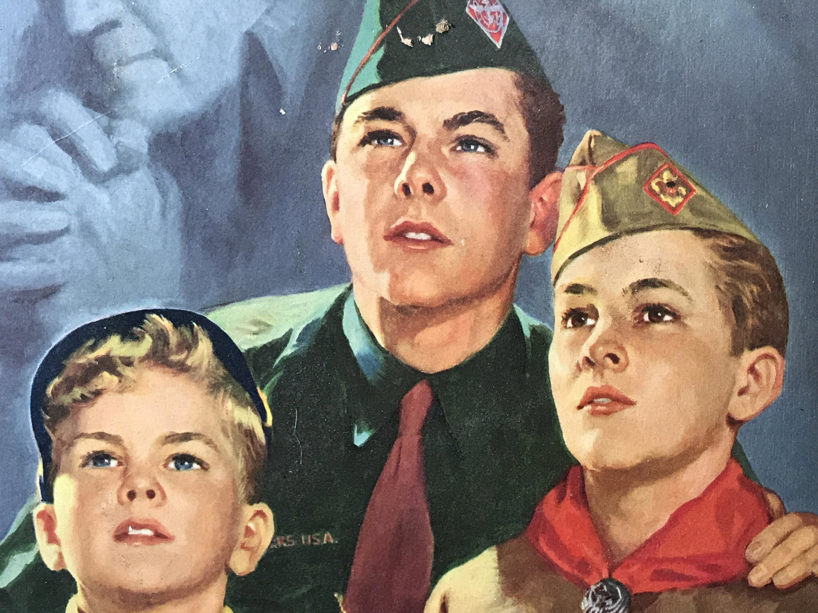Offset Lithograph of Boy Scouts: Offset lithograph of Boy Scouts, signature printed in the lower right corner reads ‘Wilbur’, subject three Boy Scout of various ages with a praying figure in the background, wooden frame, measures