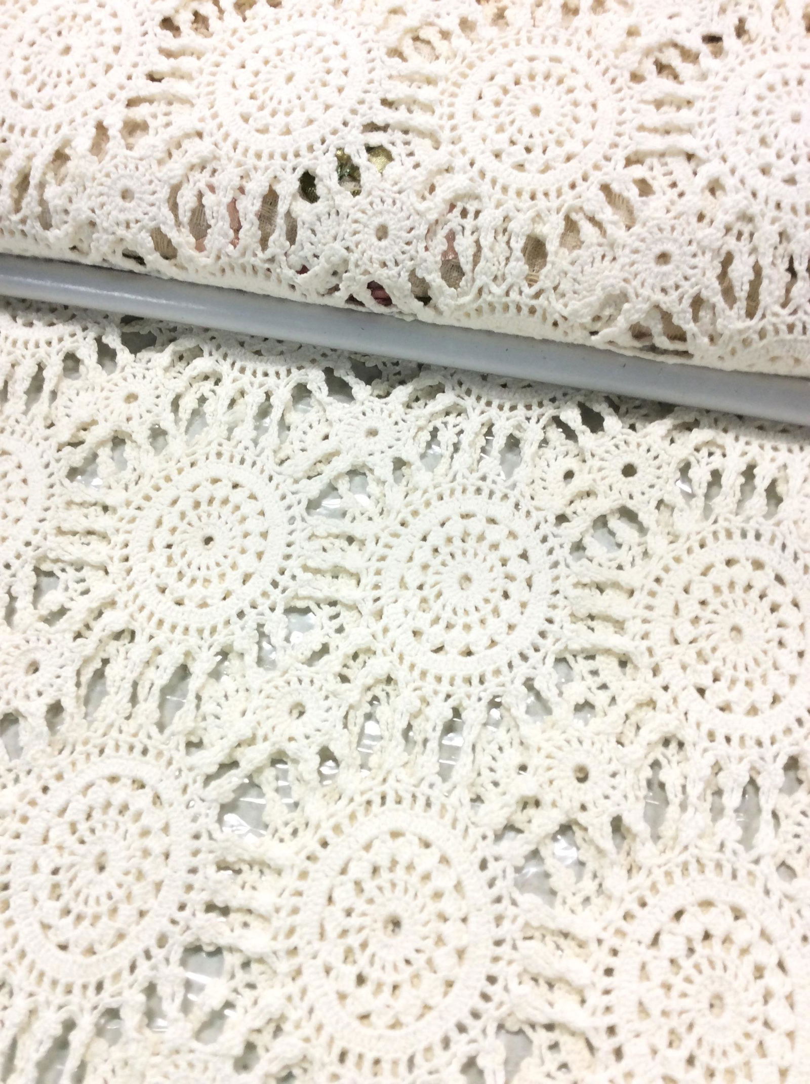 Lot of Vintage Tabletop Crochet, Chair Covers: Lot 5 Vintage hand crochet tabletop. Some discolored spots. Short table runner with center ribbon embroidery 31 x 13 in. App. Other table runners (2) same pattern app 35 in. L x 13 in. W. Beige rectan