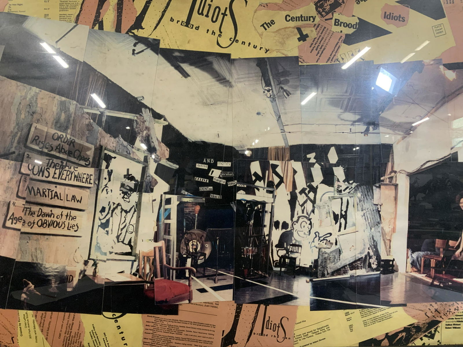 Framed Paper Collage Artwork: Framed Paper Collage, inscriptions in English, subject various texts and image of woman in studio, measures 24 1/4 x 36 1/4 inches, composite black frame, frame in good condition, Professionally frame