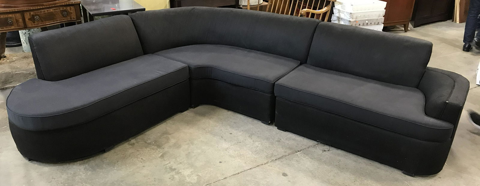 Vintage MCM GIMBEL BROTHERS Custom Sectional: Vintage sectional sofa. Label reads as CUSTOM MADE GIMBEL BROTHERS NEW YORK. Section 1 measures approx 29 inches H, 50 inches W, and 30 inches deep, Section 2 approx 29 inches H, 60 inches W, and 30 i
