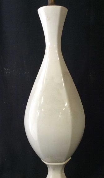 Mid Century White porcelain Vessel Table Lamp: Vintage and minimalist, tall ceramic lamp, 34.5 in. Ht. Has large light harp which can be changed out. Sock needs re adjustment. Base diameter 7 in. Short cord. Lamp, vintage, lighting, white porcelai