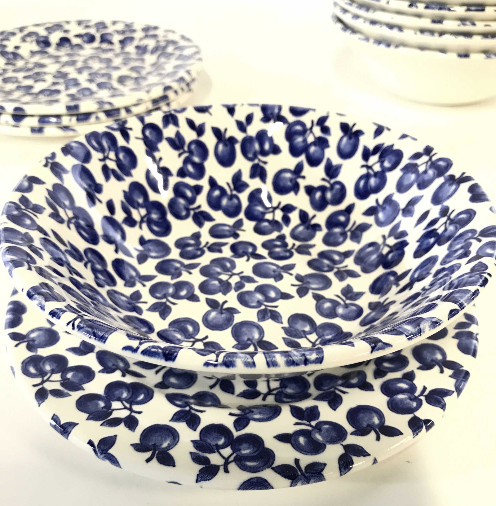 Chintz Fruit Ironstone Plate Bowl Set10, England: Hallmarked EÍT stoneware , blue transfer print of chintz apples in cobalt blue on white porcelain. 6 bowls , 2 x 6.5 in. 4 dessert plates, 7 in. English Ironstone, Tableware, Apples, Chintz Fruit sty
