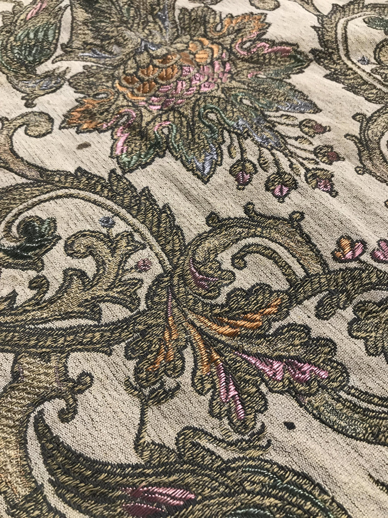 Antique Victorian Brocade & Silk Table Runner: 70 x 16 3/4 in. Topside brocade with subtle orange pink and blue threading. Lots of scroll and floral designs. Appears to be hand stitched. Verso blue silk fabric, discoloration, consistent with age a