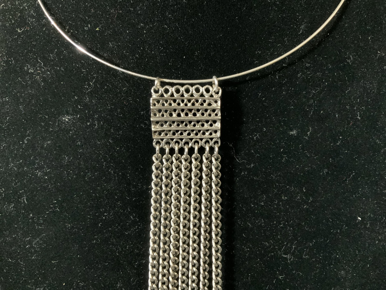 Silver Toned Chain Statement Necklace: Silver Toned chain necklace, not apparent inscriptions, silver toned metal, panzer chain pendant, measures 14 5/8 inches overall, pendant measures 9 3/4 inches, in good condition, Silver toned, chain,