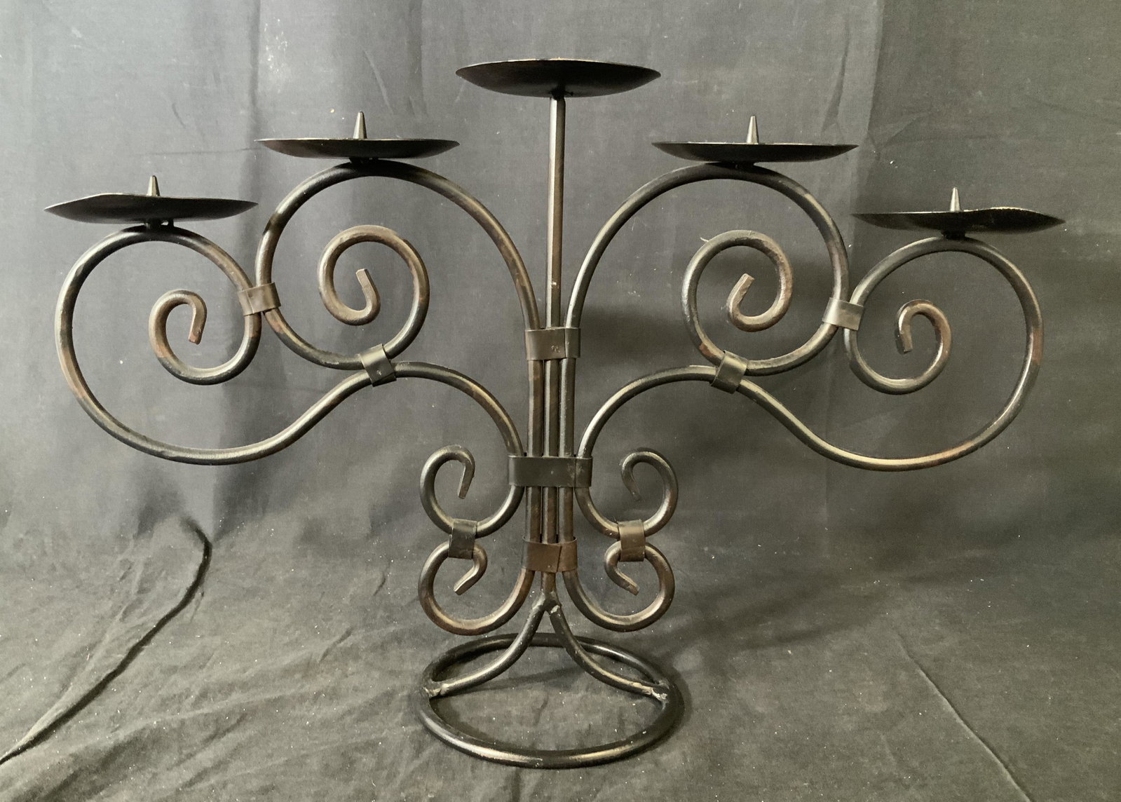 Decorative Metal Candelabra: Decorative metal candelabra, no apparent inscriptions or stamps, spiral design, measures 13 1/4 inches tall x 19 1/8 inches wide, some wear from use but overall in good condition, Decorative arts, met
