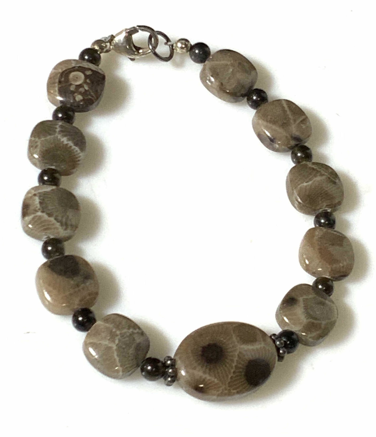 Brown Natural Polished Stone Bracelet: Lobster clasp bracelet with small brown beads alongside brown stones. Square & oval shaped stones. Clasp silver toned. Length approx. 7.25 in. Jewelry, Natural Stone Pendant, artisanal jewelry, Ladies