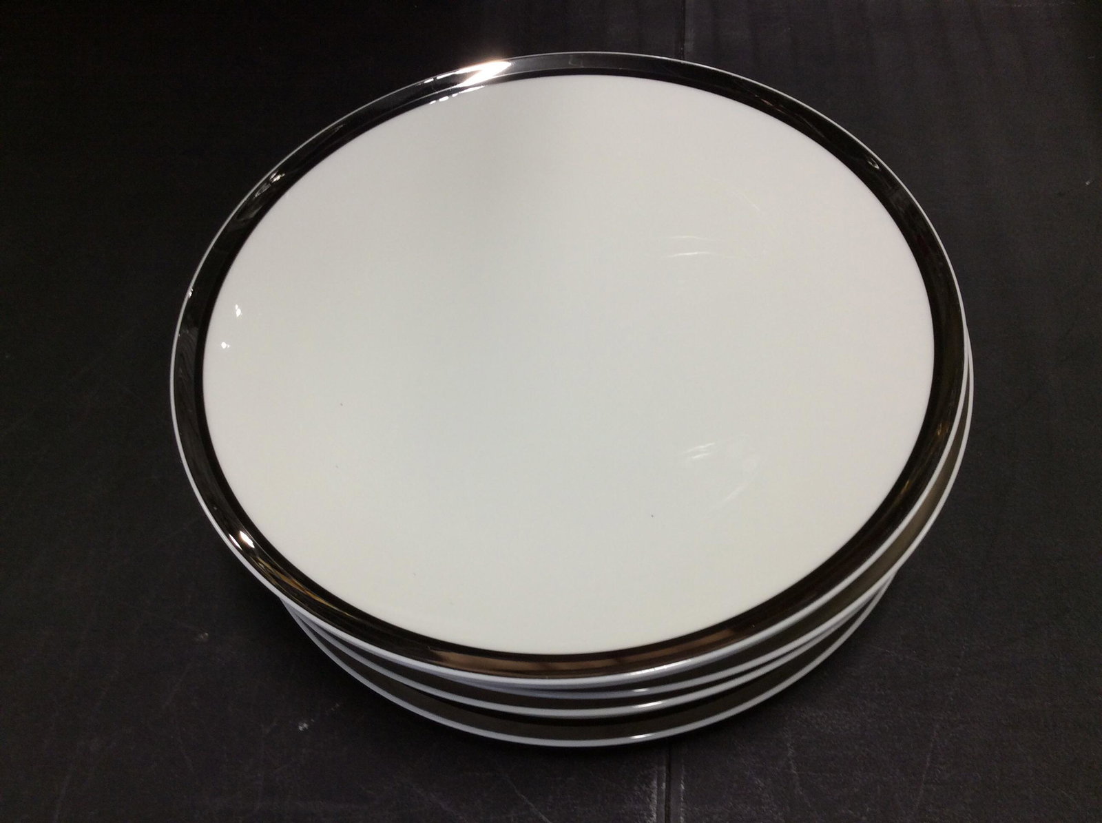 Set 8 MIKASA Solitude Porcelain Dinner Plates: Contemporary & minimalist Tableware. Metallic silver toned rim. Bone China plates, Hallmarked, pattern Solitude # 166. 10.5 in diameter. Dinner plates, Contemporary Mikasa Dinner Plates, Tableware, Mi