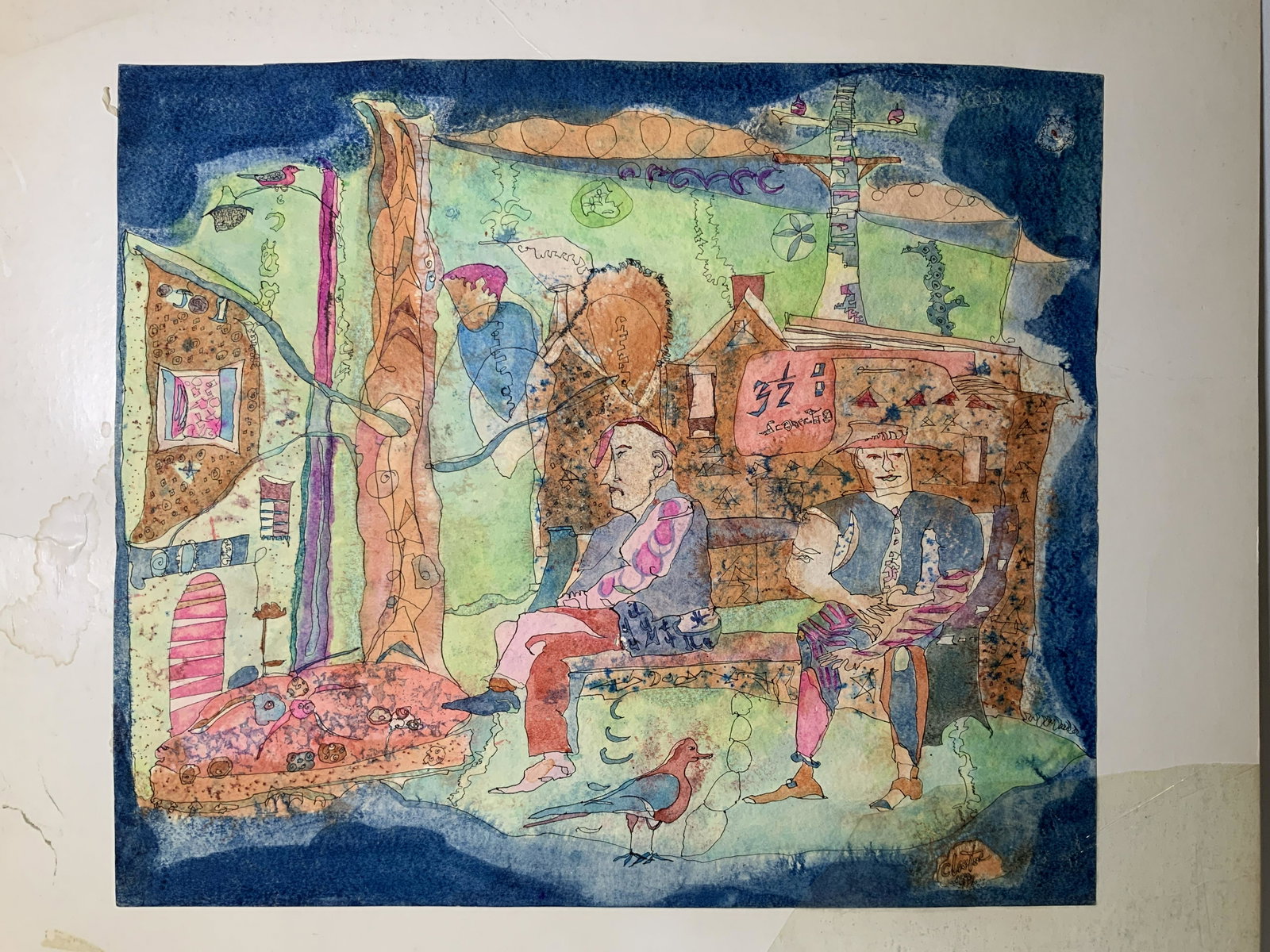 Charles Lassiter Pop Abstract Art Drawing 1966: A watercolor and pen drawing by American artist Charles Keeling Lassiter (1926-2005). This work is signed C. Lassiter and dated (possibly 66) in the lower right corner. The work is attached to a piece
