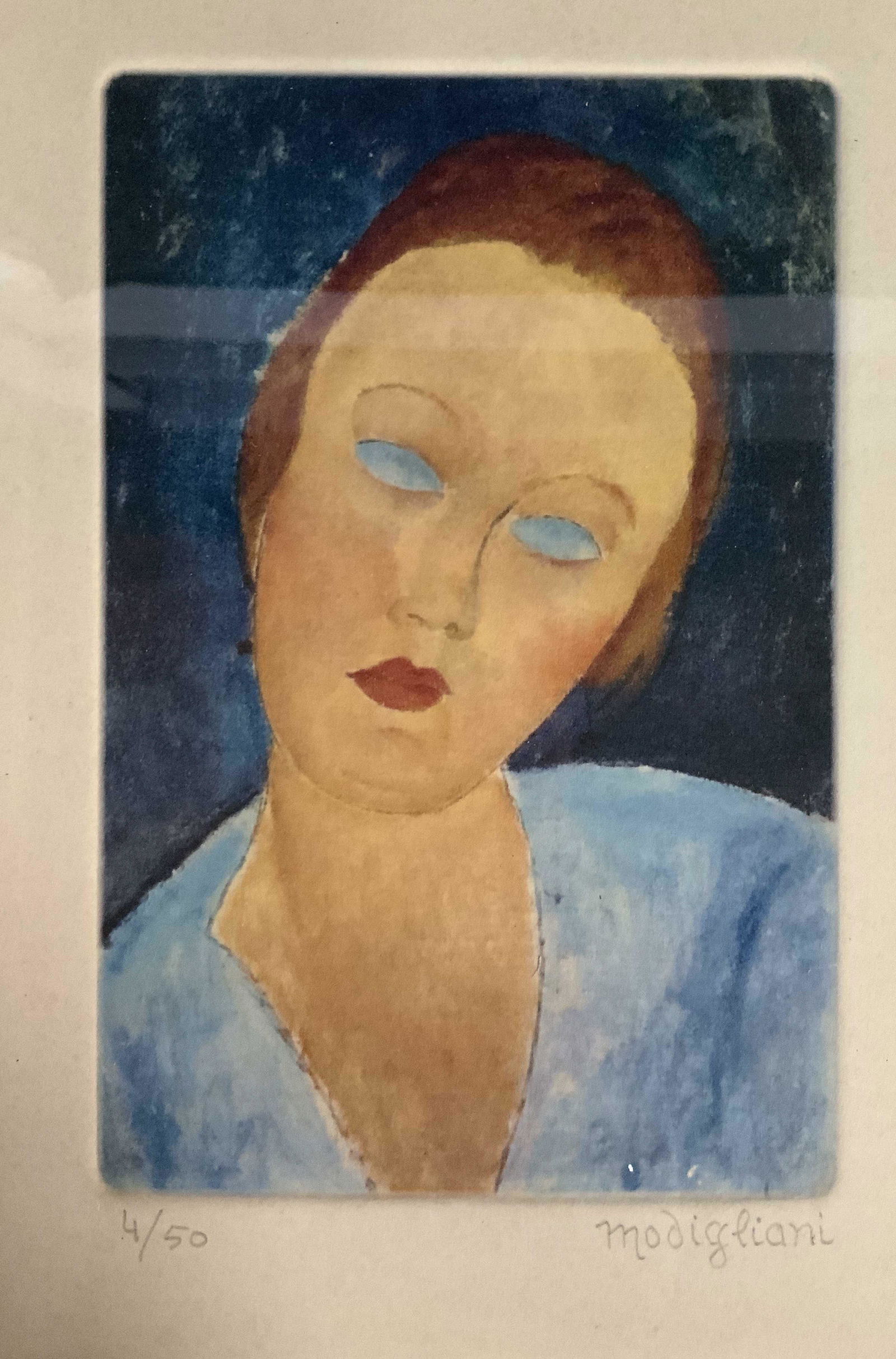Amedeo Modigliani Signed Ltd Ed Lithograph: Amedeo Modigliani Signed Ltd Ed Lithograph, signature to lower right reads ‘Modigliani’, edition to lower left reads ‘4/50’, portrait of a woman in blue, measures 14 1/2 x 11 5/8 inches, woode