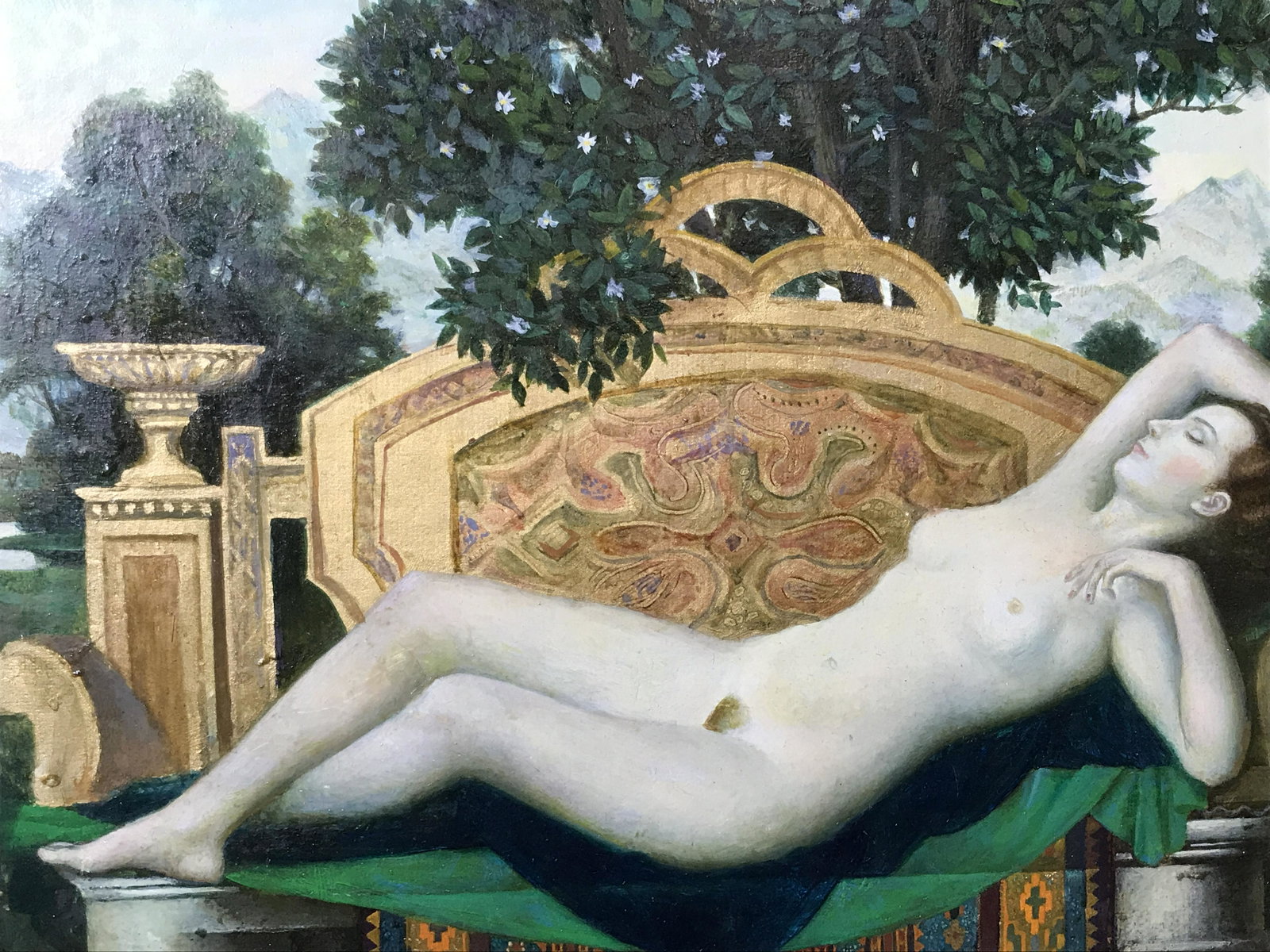 Signed Russian Oil on Canvas Reclining Female Nude: Signed Russian oil on canvas reclining female nude, signature and date in Russian in the lower right corner, date reads 1993, subject a reclining female nude on a stone surface covered in fabric with 