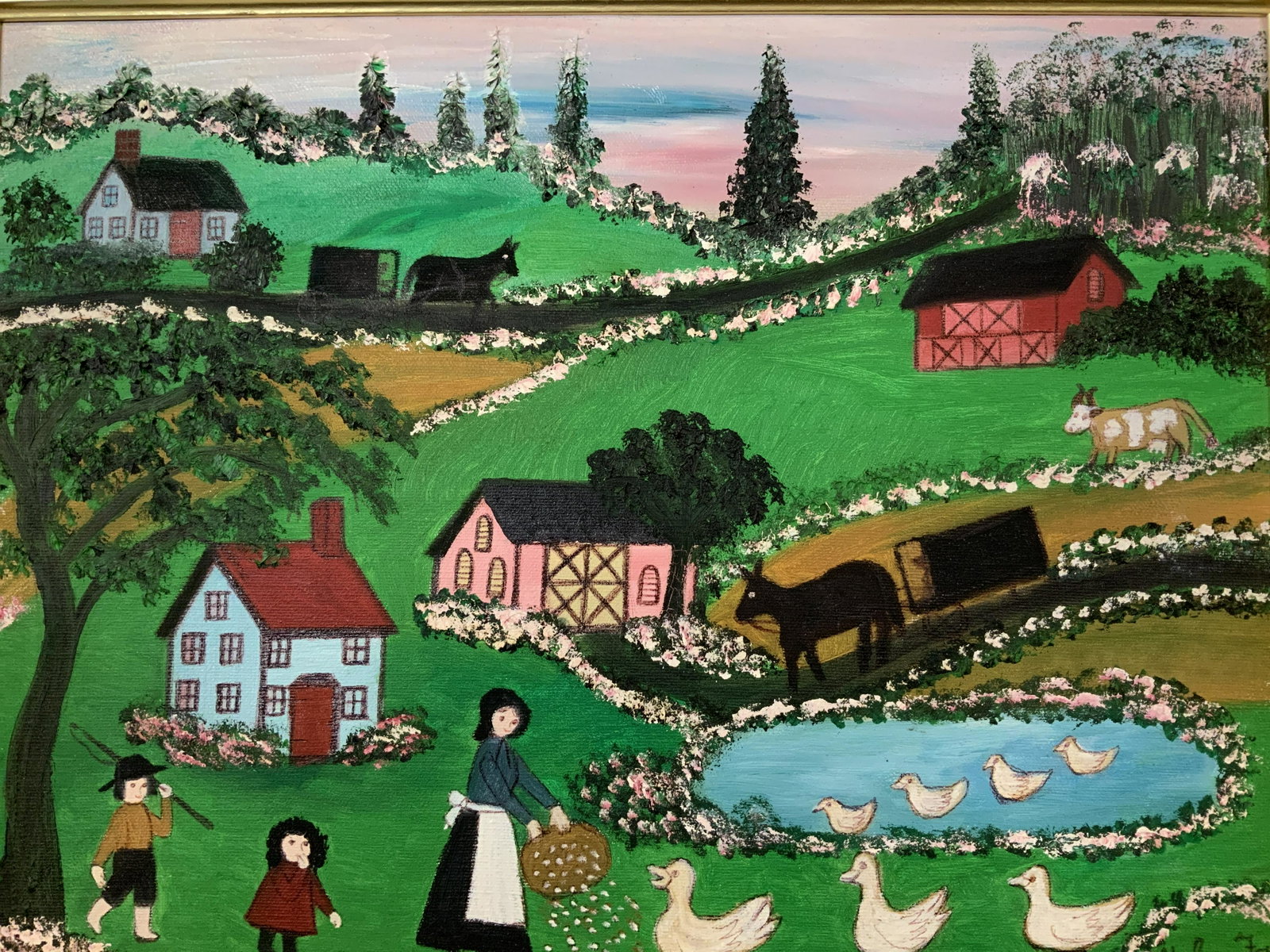 Helen Foy Signed Ellie Mae Folk Art Oil Painting: Helen Foy Signed ‘Ellie Mae is Helping Mom Feed the Ducks’ Oil on canvas painting, signature to lower right reads ‘Helen Foy’, inscription to reverse in pen reads ‘Ellie Mae is helping mom f