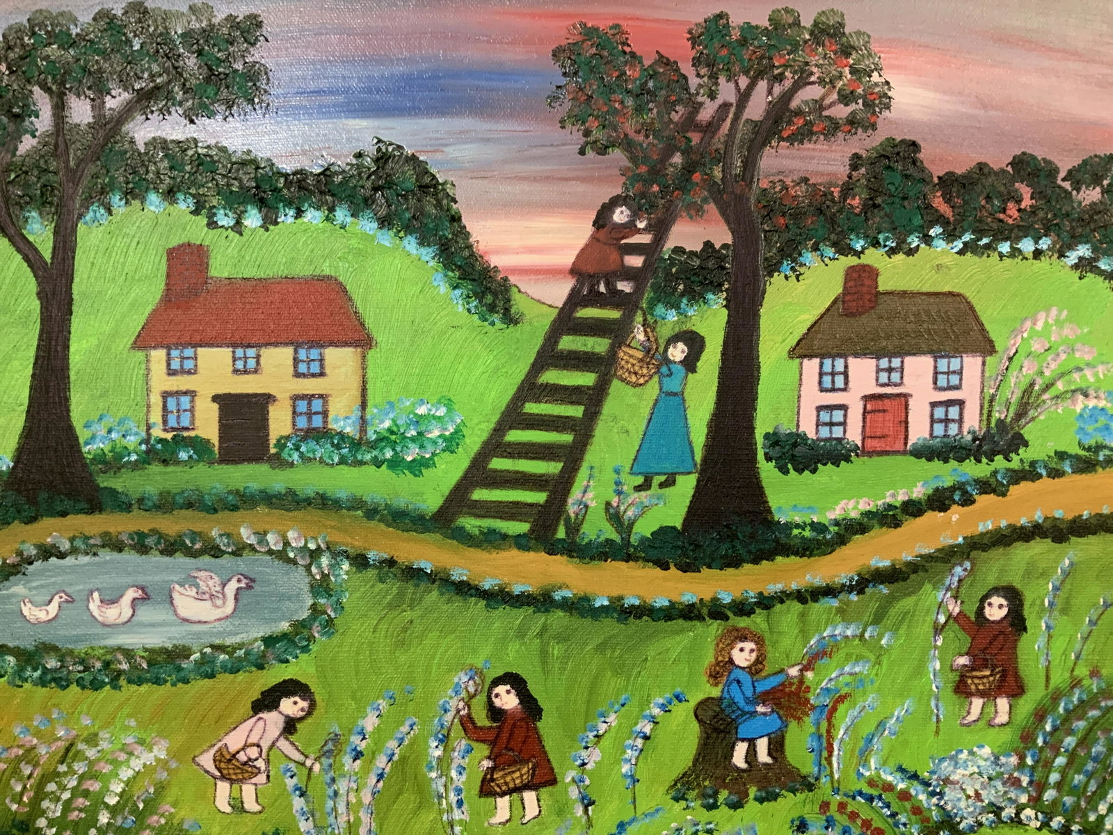 Helen Foy Signed Little Ellie Mae Oil Painting: Helen Foy Signed Little Ellie Mae Oil Painting, signature to lower right reads ‘Helen Foy’, inscription to reverse in ink reads ‘little Ellie Mae picks cherries today by Helen Foy’, people pic