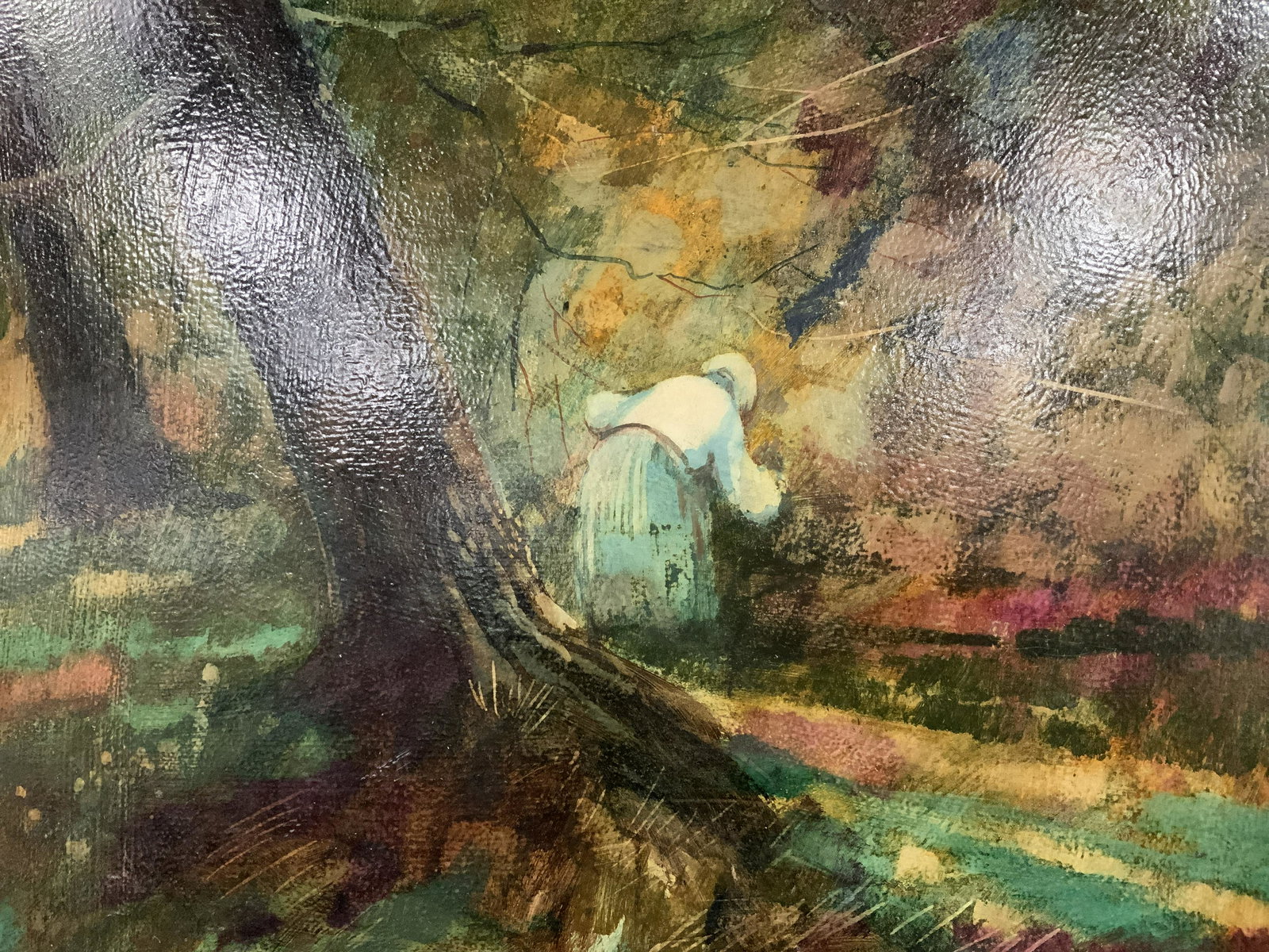 Donald Roy Purdy Signed Artwork: Donald Roy Purdy Signed Artwork, possibly oil on board, signature to lower left reads ‘Purdy’, a woman in a forest, measures 24 1/4 x 28 1/4 inches, wooden frame, inner frame in beige, professiona