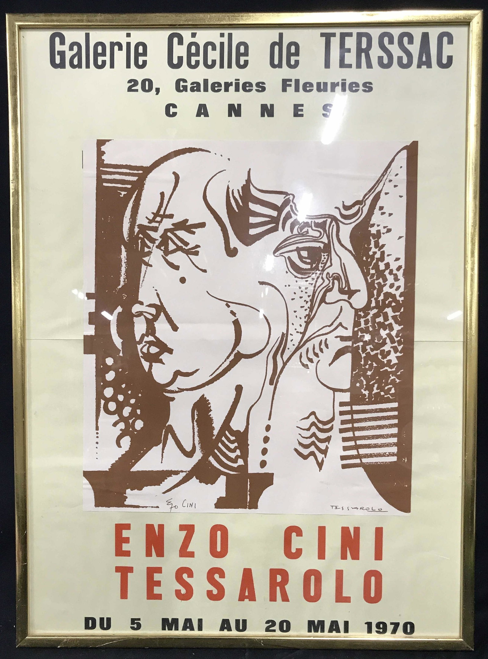 Framed French Gallery Poster: Framed French Gallery Poster, text to poster from top to bottom reads ‘Galerie Cecile de Terssac, 20 Galaries Fleuries, Cannes, Enzo Cini Tessarolo, Du 5 Mai Au 20 Mai 1970’, lithographic print to