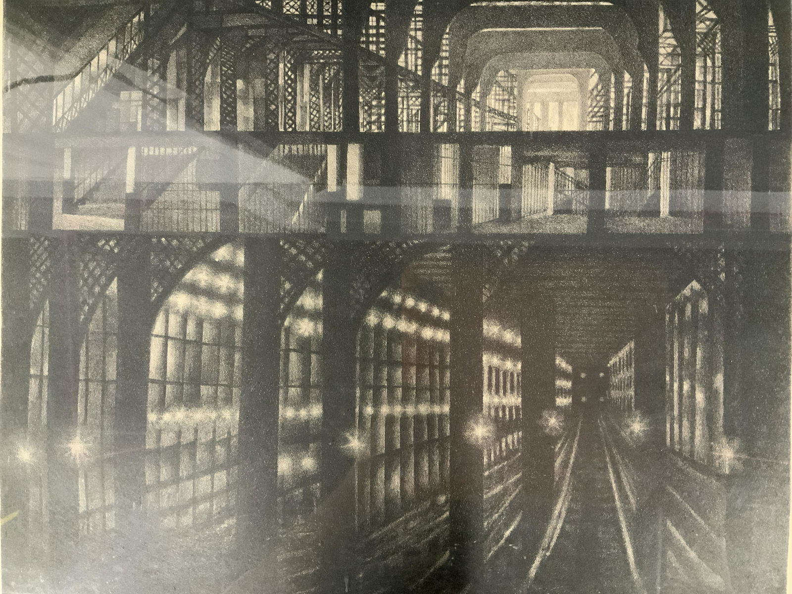 August Mosca Signed Subway Lithograph: August Mosca signed subway lithograph on paper, signature to lower right reads ‘August Mosca’, edition to lower left reads ‘11/20’, a subway tunnel, measures 22 5/8 x 24 3/8 inches, wooden fra