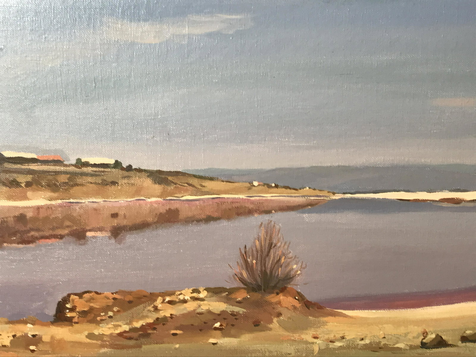 Mac Signed Acrylic Painting on Canvas: Mac Signed Acrylic on Canva, signature to the lower right corner reads ‘Mac’, subject a body of water with what appears to be a desert scene and two houses in the background, gilt wood inner frame