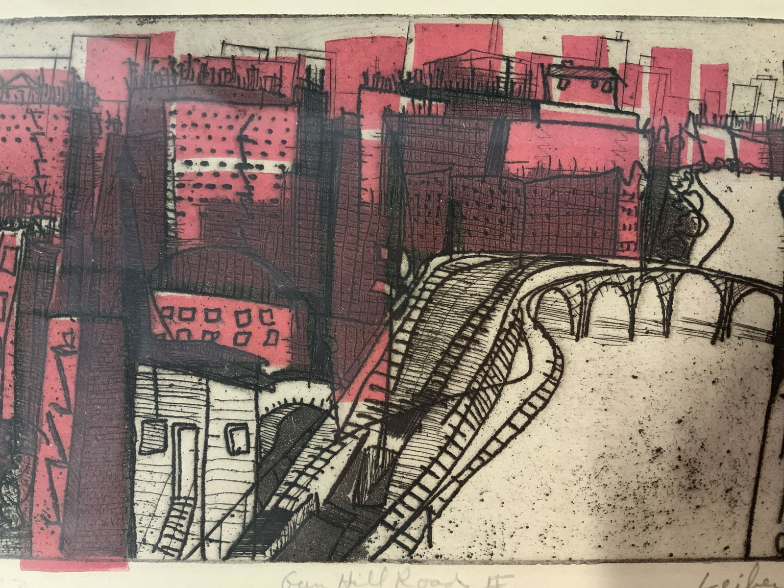 Gerson Leiber Signed Gun Hill Road Etching: Gerson Leiber Signed Gun Hill Road Etching, signature to lower right reads ‘Leiber ‘55’, inscription reads ‘Gun Hill Road #’, edition reads ‘23-23’, city scene with train track, measures