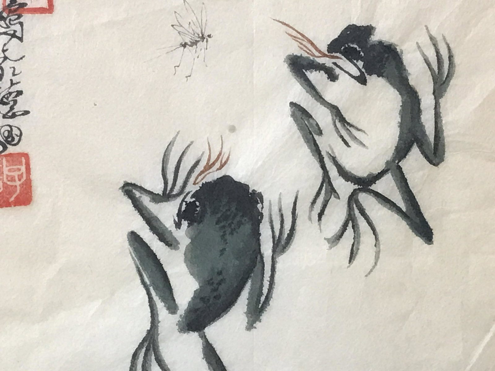 Japanese Watercolor Painting, Frogs: Japanese Watercolor Frogs, possibly signed, Japanese characters to the upper left corner, subject two frogs trying to eat a bug pale green matting, black painted wooden frame, measures as a 12.75 inch