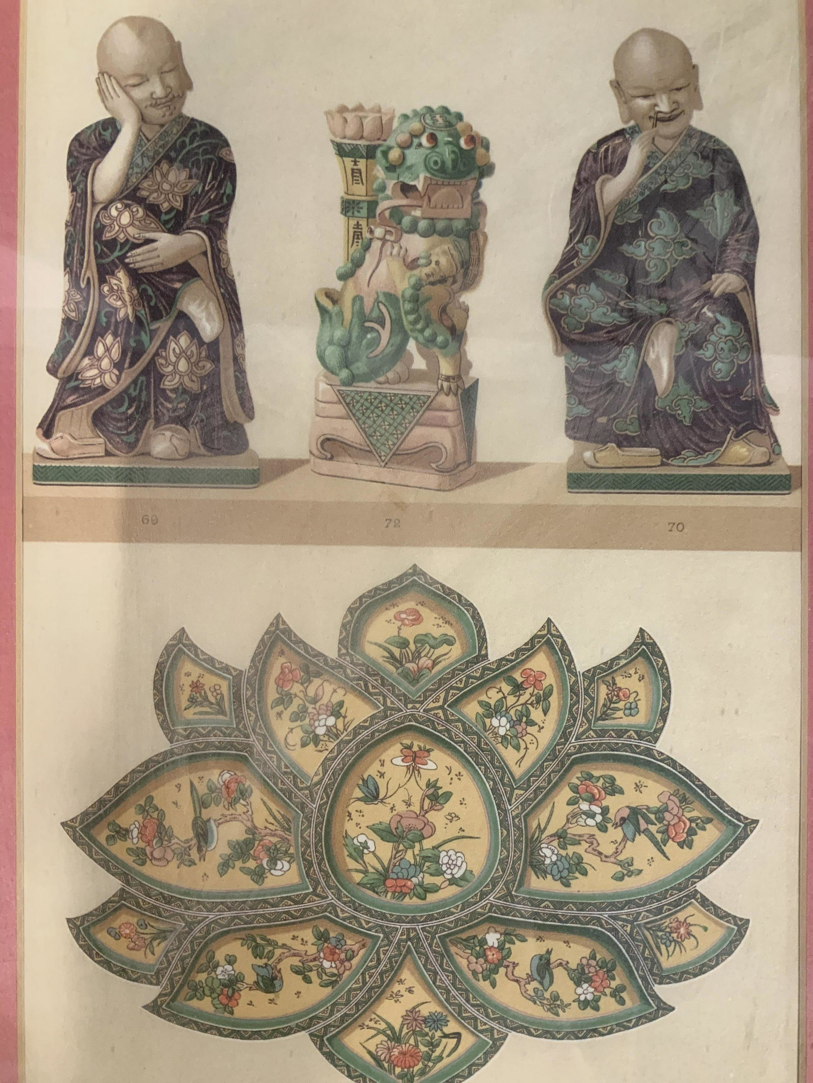 Buddhist Illustrations Offset Lithograph: Buddhist Illustrations offset lithograph on paper, no apparent signatures, numbers under illustrations read ‘69, 72, 70, 36’, label to reverse reads ‘J Pocker & Son 824 Lexington Ave/ New York 1