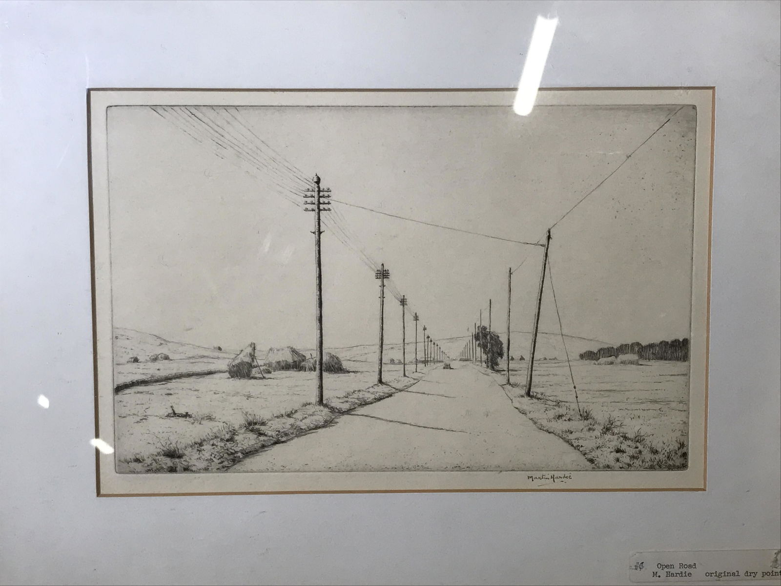 Charles Martin Hardie Signed Dry Point Etching: Charles Martin Hardie Signed dry point etching on heavy weight paper, signature to the lower right corner reads ‘Martin Hardie’, tag to lower right corner reads ‘Open Road M.Hardie Original Dry