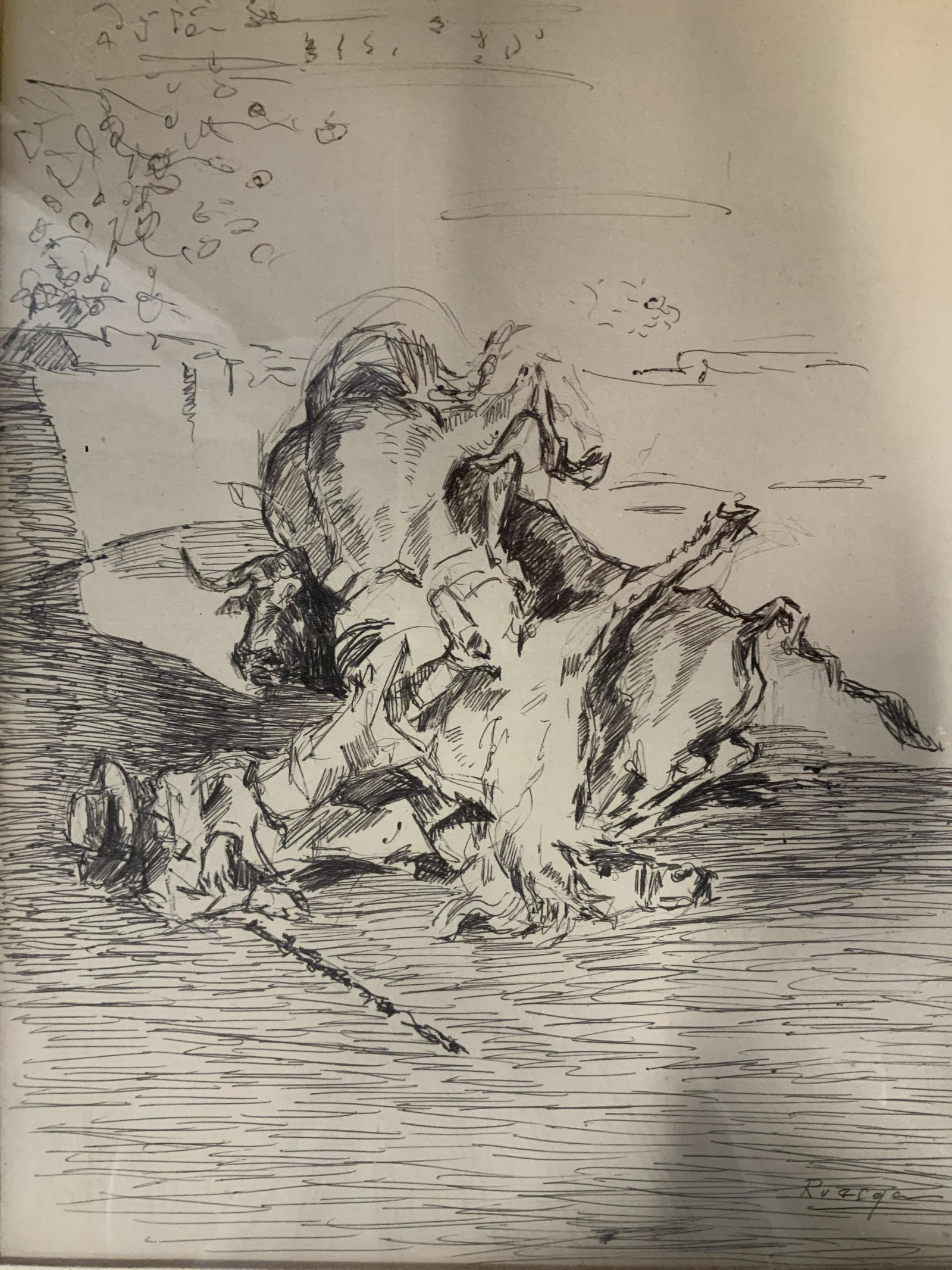 Signed Ink Drawing: Signed ink drawing, signature to lower right illegible, a man, horse, and ox lying down, measures 17 5/8 x 14 1/4 inches, black wooden frame, frame has a few losses, some aging to paper but overall in