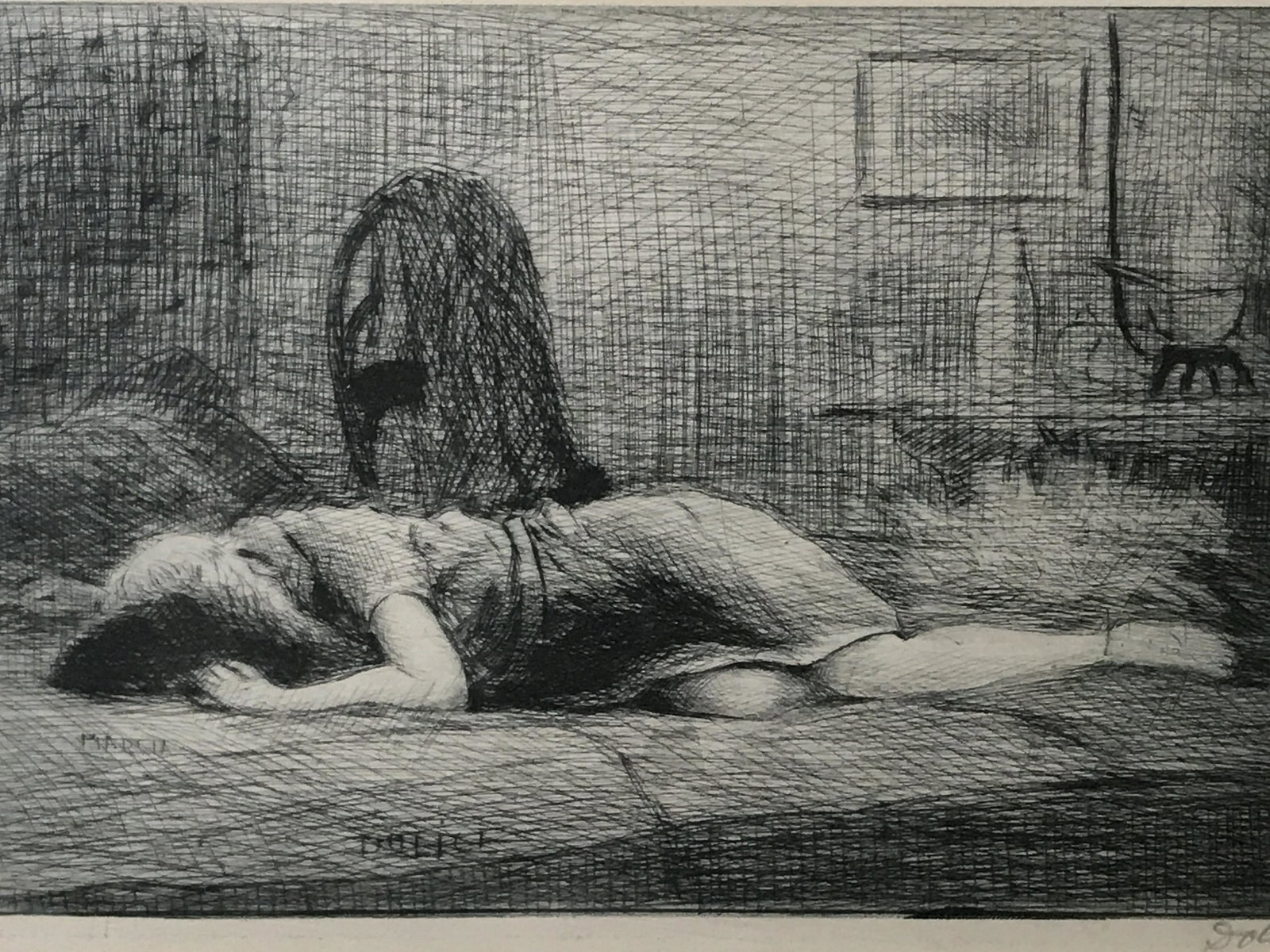 Signed Etching, woman on bed: Signed etching, Signature to the lower right corner illegibly written possibly reads ‘Dulic’ or Dolice, possibly Leon Dolice (1892 - 1960) active/lived in New York, known for urban landscape, etch
