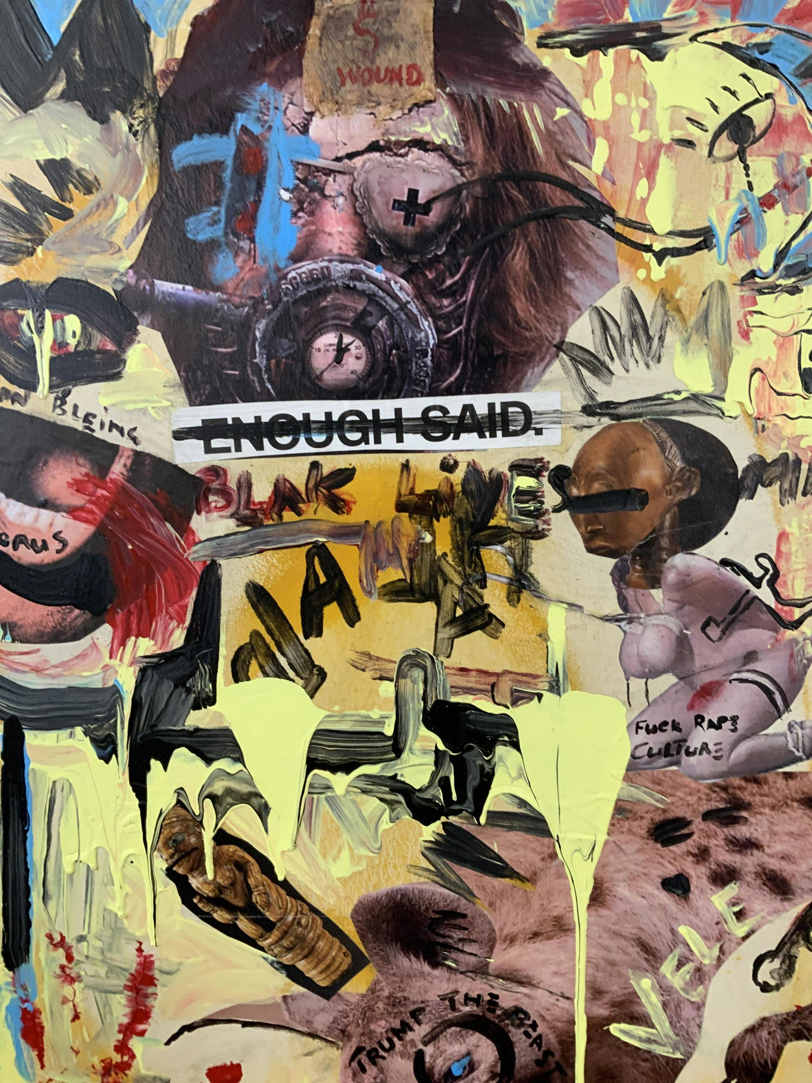 M Matlhako Signed Mixed Media on Canvas: M Matlhako Signed mixed media on canvas, signature to lower right reads ‘M Matlhako 16’, inscriptions read ‘Zone of Non Being’, ‘Talk talk’, ‘Trump the Beast of no Nation’, ‘vele’,