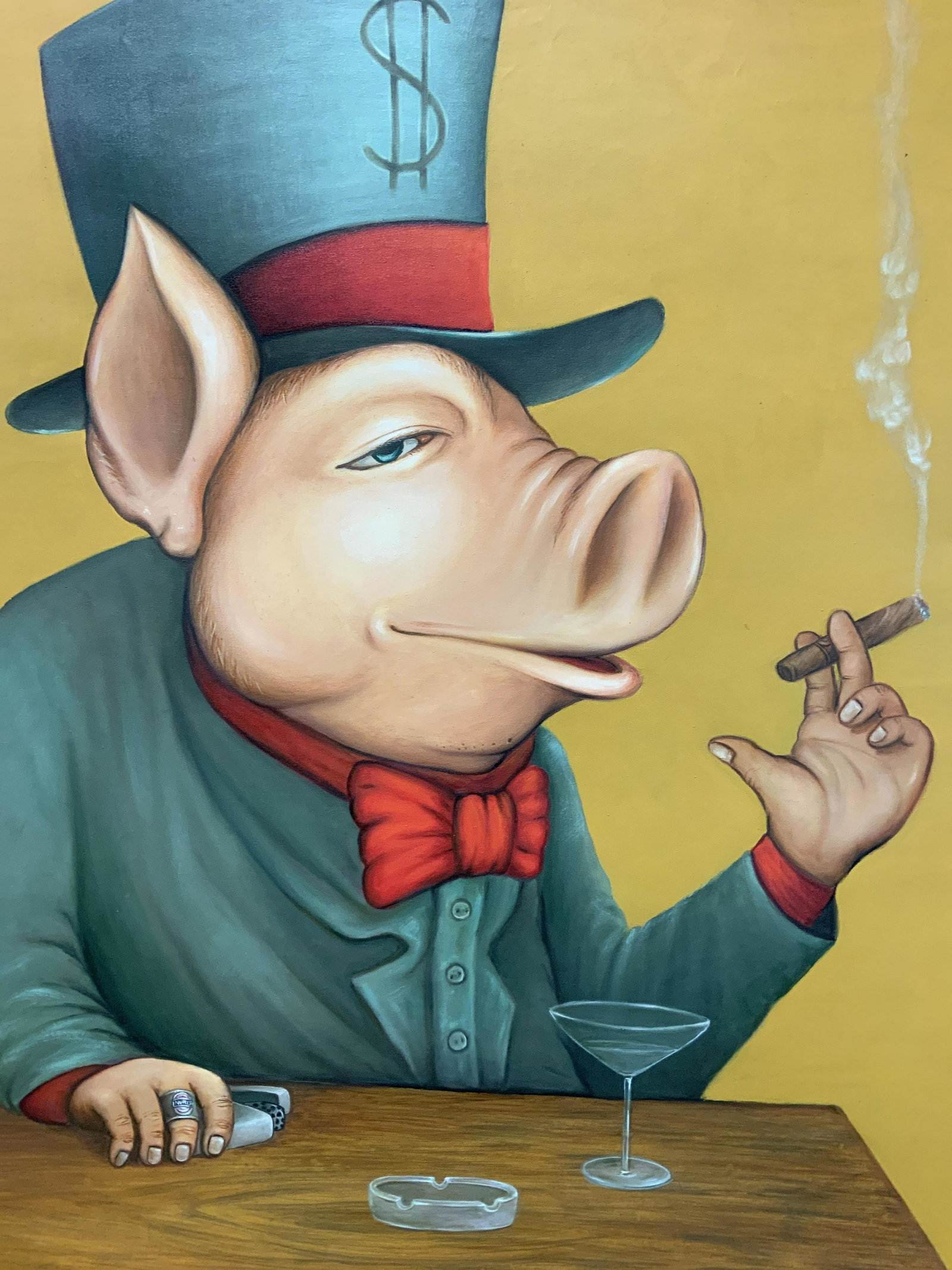 Fleapoo Bali Signed Pig Oil Painting: Fleapoo Bali Signed Pig Oil Painting, signature in upper right ‘Fleapoo Bali 2011’, label to reverse reads ‘Chelsea Frames Custom and Archival Framing Antique Prints Custom Mirrors 197 9th Avenu