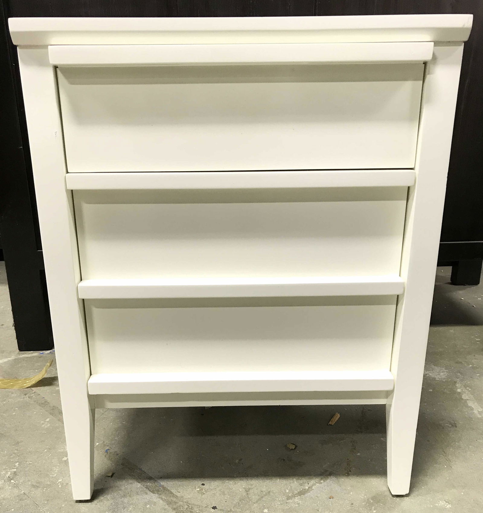 CRATE & BARREL White Toned Side Table W Drawers: Interior of top drawer reads CRATE & BARREL. Piece is white toned. Contains 1 small top drawer and 1 large lower drawer. Side table, night stand, end table, side table with drawers, living room furnit