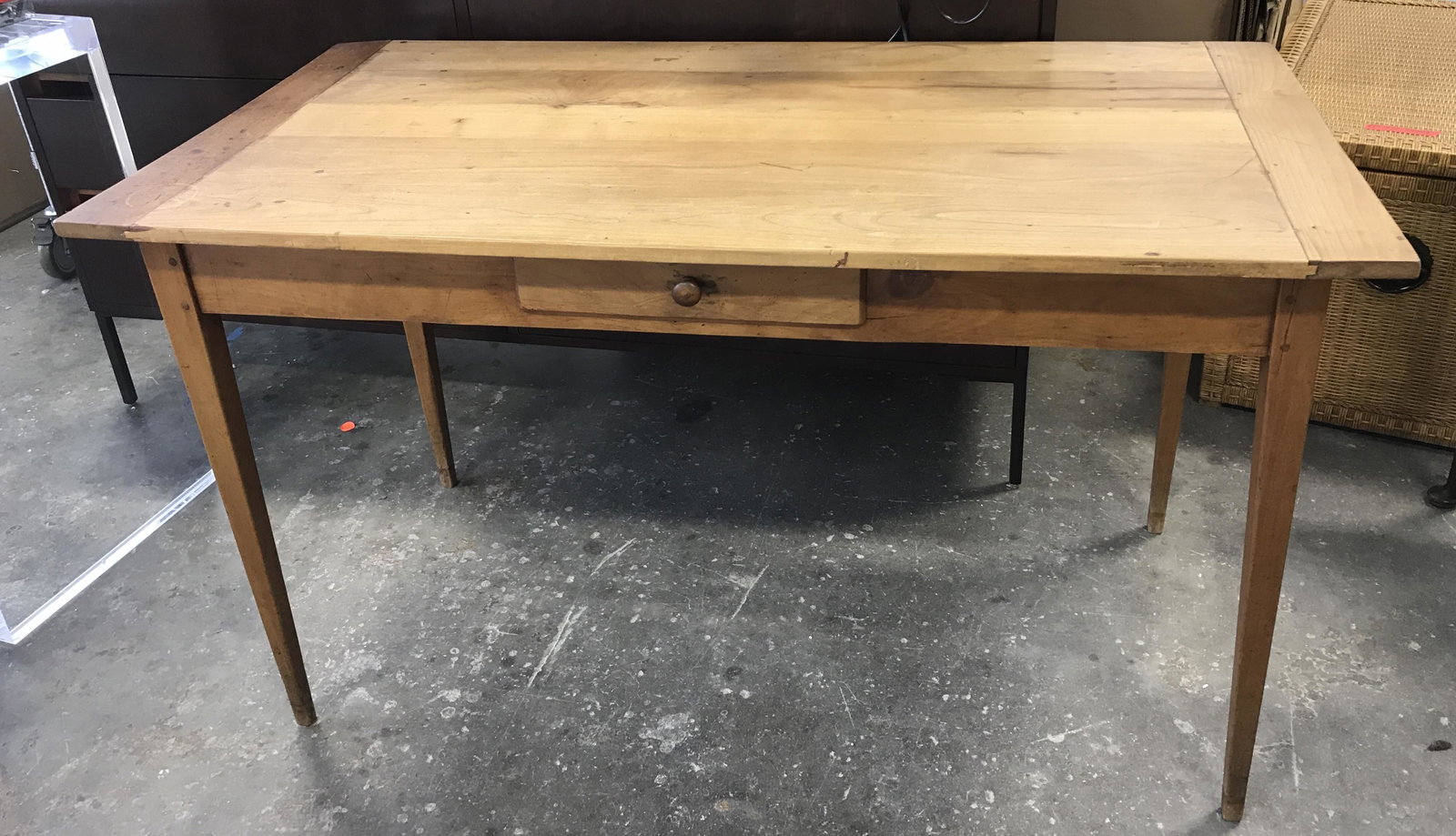 Antique Carved Wood Console Table / Desk: Antique console table. Table is crafted from wood and houses a single drawer. Measures approx 29.5 inches H, 51.75 inches W, and 26.25 inches deep. Wear is consistent with age and use. Console table, 