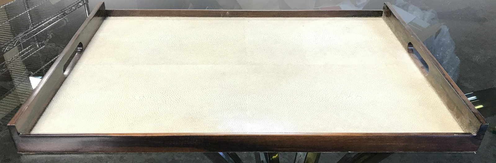 Shagreen Serving Tray W Wooden Handles: Serving tray surface is shagreen. Piece has brown toned wooden handles and sides. Serving tray, shagreen, shagreen tray, tray, shagreen serving tray,. butlers tray, serving accessories, Piece measures