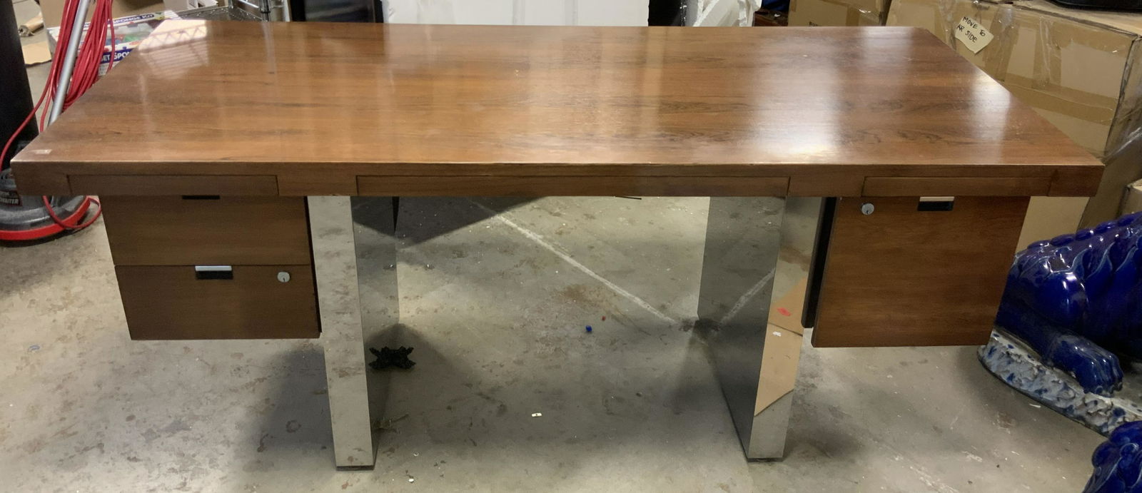 MCM Dunbar Edward Wormley Executive Desk: Vintage desk. Crafted from wood, seven drawer, two drawers can be locked, key is absent. Three under desks drawers. Measures approx 29.5 inches H, 72 inches W, 32 inches deep. Wear is consistent with