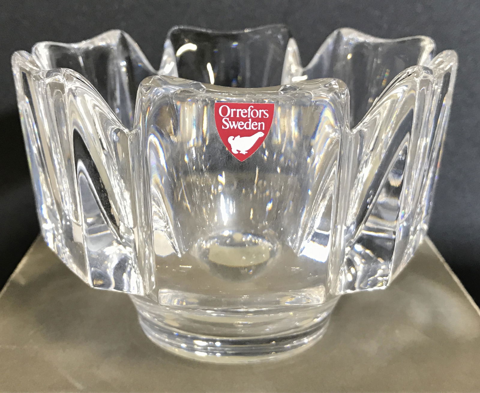 ORREFORS SWEDEN Cut Crystal Bowl In Box: Tag on piece reads ORREFORS SWEDEN. Bowl is crystal. Piece includes original box. Bowl measures approximately 3.25 inches tall 4.5 inches wide. Orrefors crystal, Orrefors bowl, trinket bowl,Crystal bo