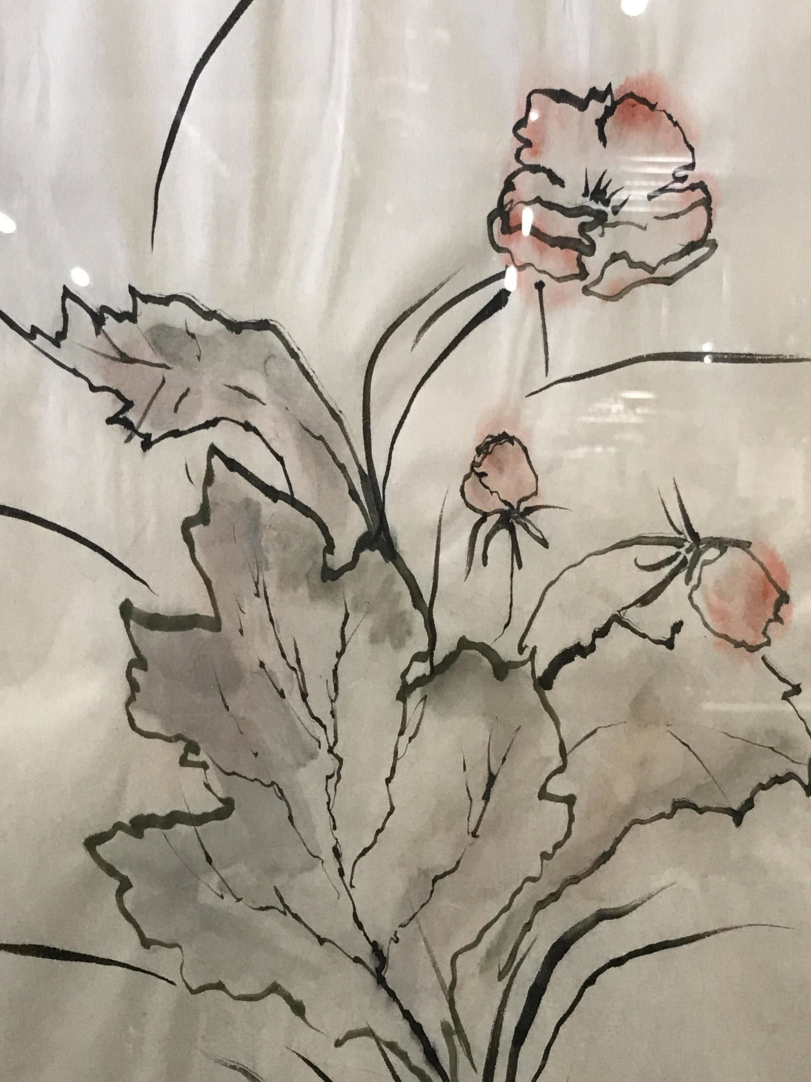 Nancy Gross Signed Watercolor Flowers: Nancy Gross Signed Watercolor flowers on paper, signature to the lower center section, subject pink flowers with large grey leaves done in a minimalist style, double matted in two different shades of 