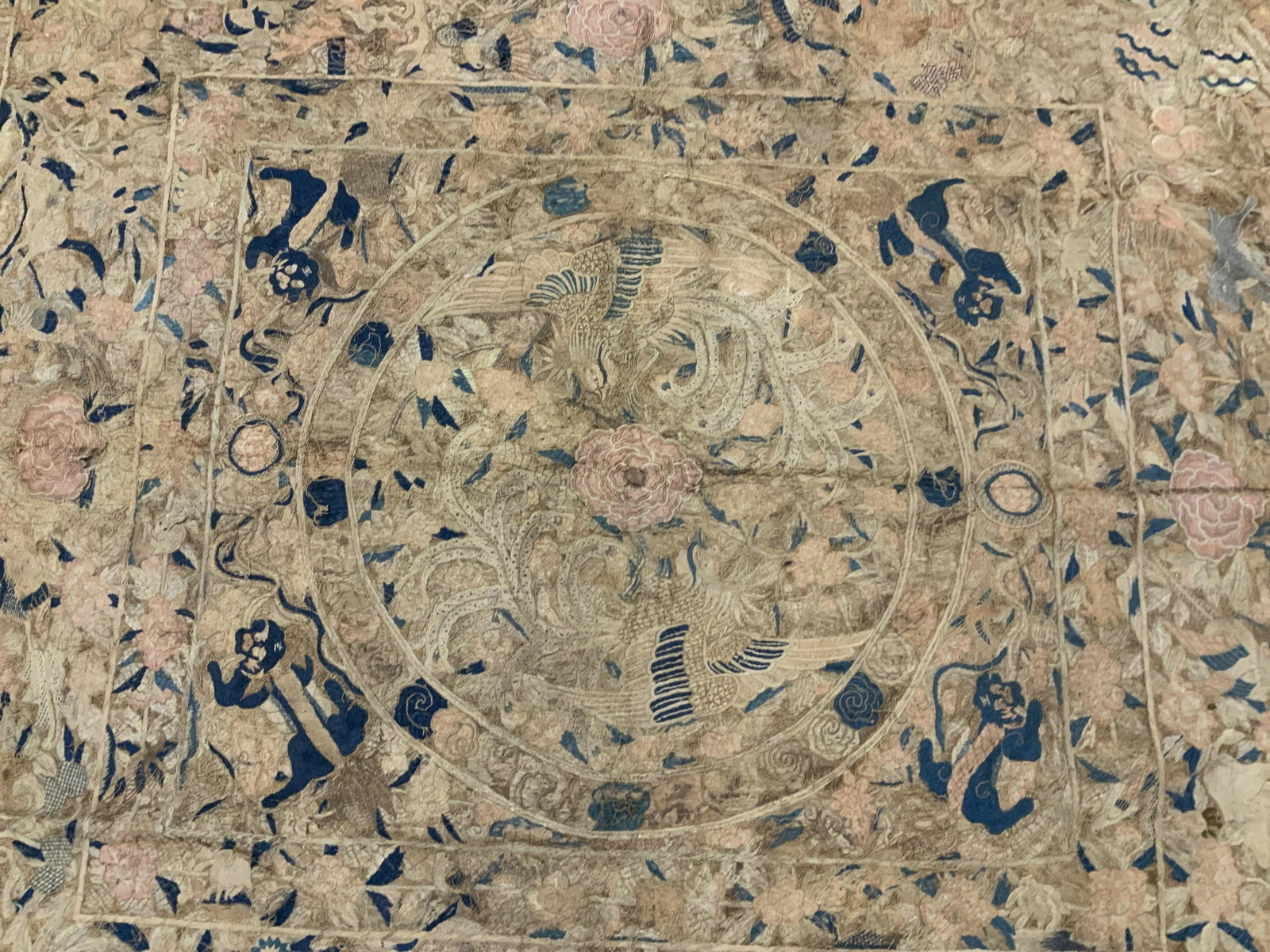 Antique 18th Century Asian Tapestry W Foo Dogs: Antique 18th Century Asian Tapestry, inscription to tapestry in Chinese characters, Intricately embroidered design includes flowers and various animals, measures 75 1/4 x 811/4 inches, tapestry has we