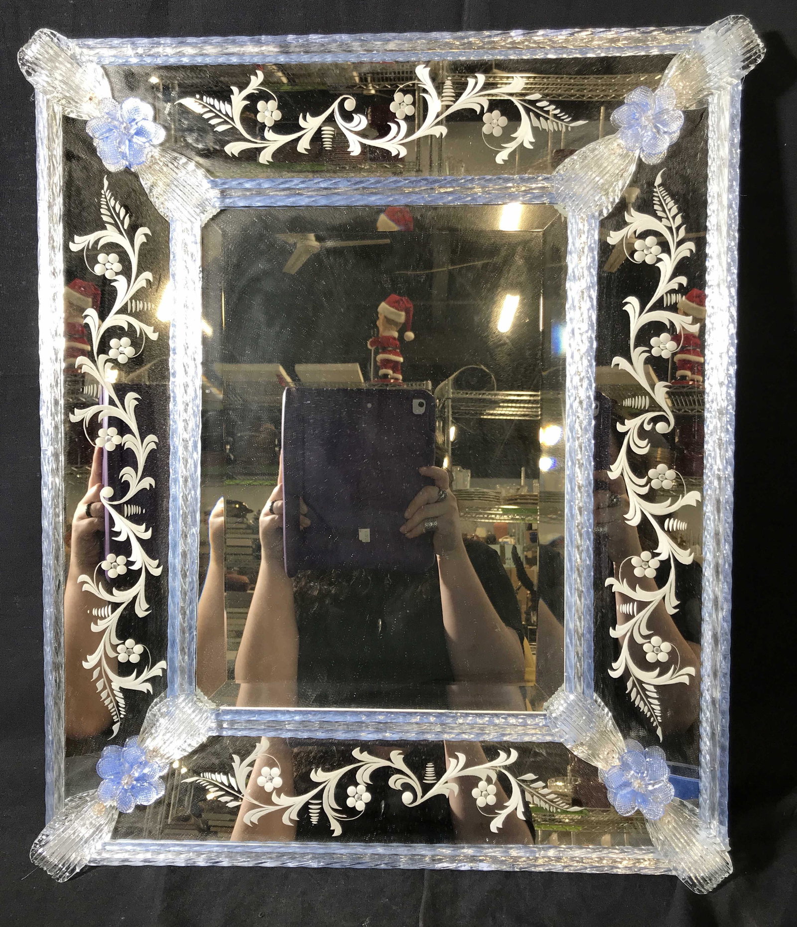 Restored Venetian Light Blue Glass Mirror: Restored Venetian Light Blue Glass Mirror, light blue glass used to decorate the mirror, glass twisted into rope like framing with glass flowers and ribbons to the corners, mirror itself has been pain