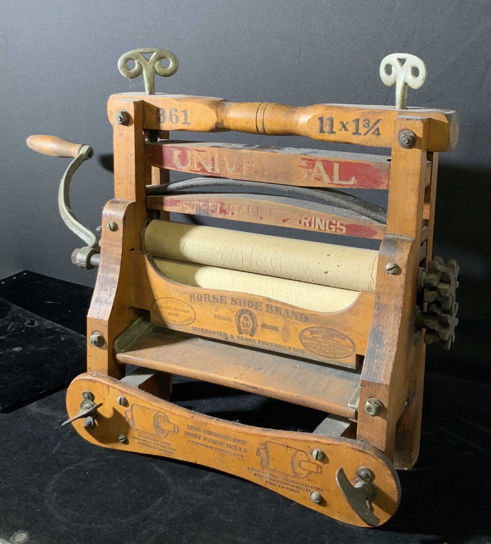 Antique Collectible Hand Wringer, 19th Century: Antique 19th century ( circa 1800s ) hand wringer / mangle. Once used for wringing out clothing. Metal hardware still works, can turn crank and it spins the wringers. Impressed: Universal Steel Ball B
