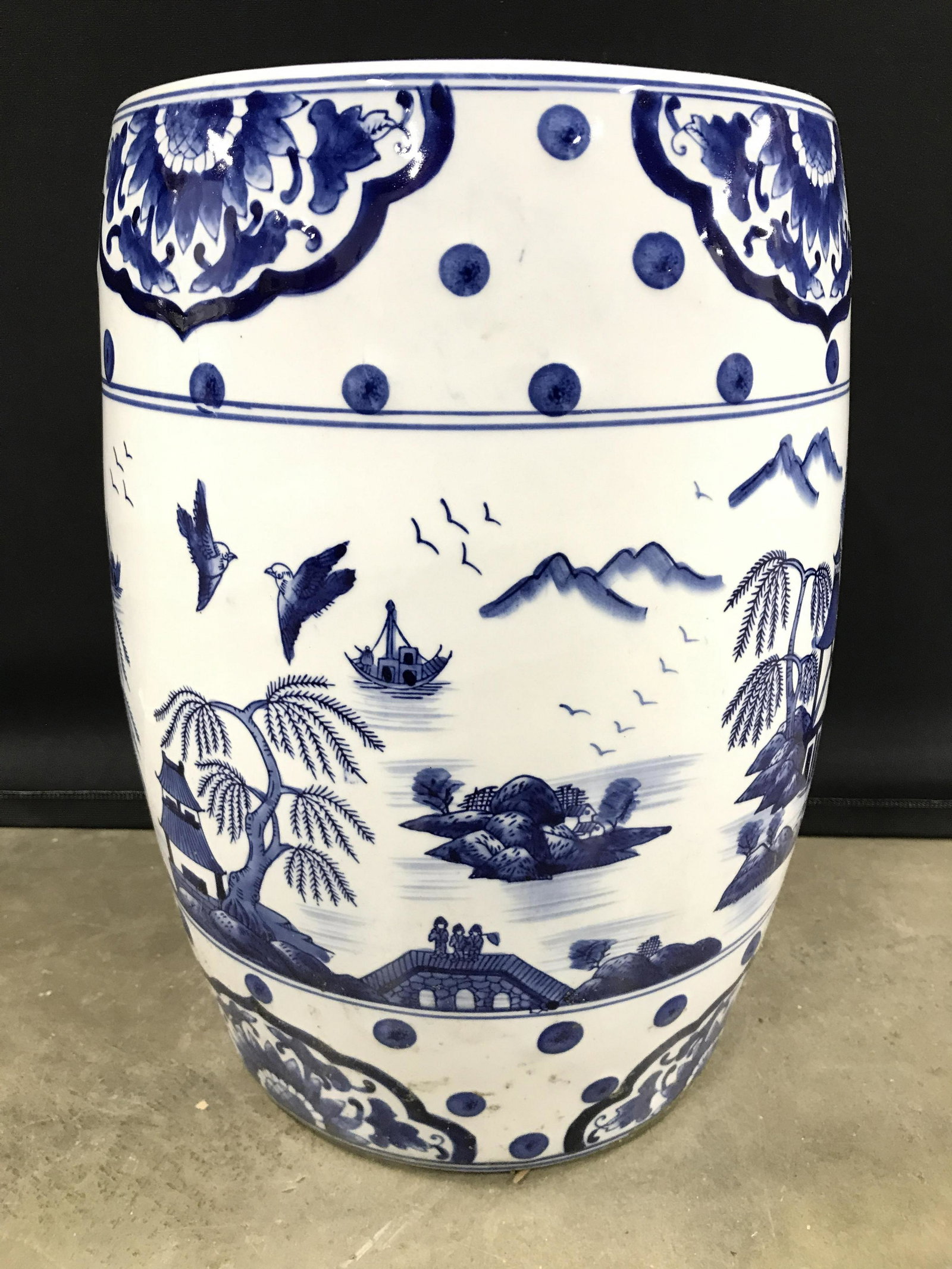 Porcelain Asian Chinoiserie Garden Stool: Garden stool is porcelain. Piece is white with blue toned Asian architecture, landscape and bird detail. Piece appears to possibly be vintage. Asian arts and Crafts, chinoiserie, Cizhou, Asian stonewa