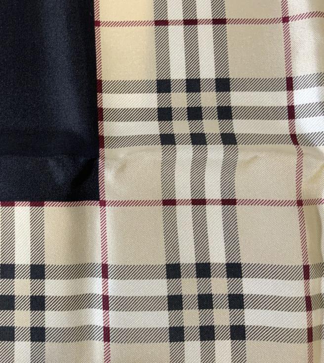 NWT, BURBERRY Border Nova Check Silk Scarf, London: Signed Burberry Silk Scarf, classic nova check wide border with center black square block. Original Item tag attached with product #, 112 Color Nova Check, description. 100% silk ( label attached). 35