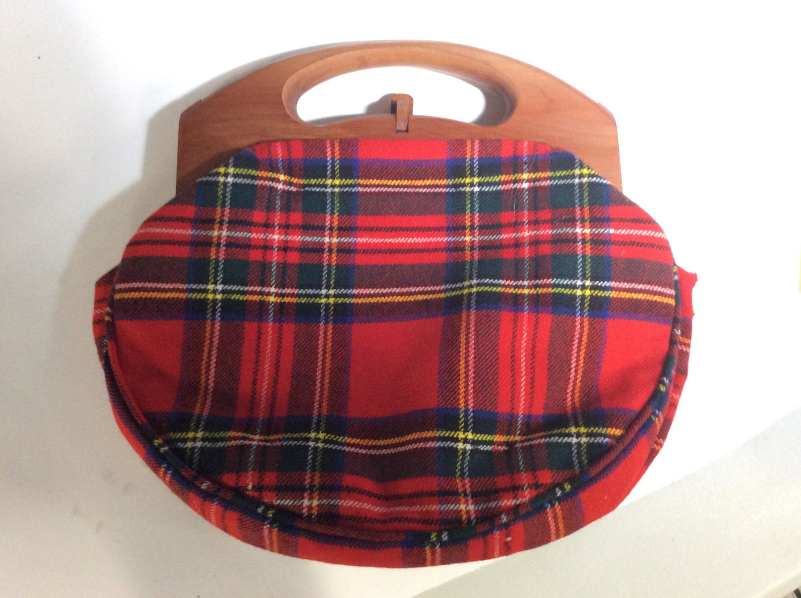Wool Tartan Hat & Bermuda Bag, HA Smith Ltd: Original designer label reads Made in Bermuda for HA & Smith Ltd. purse handles also labeled as cedar wood. Traditional Tartan Red checkered hat ( in between a bucket hat and a tam style hat) with whi