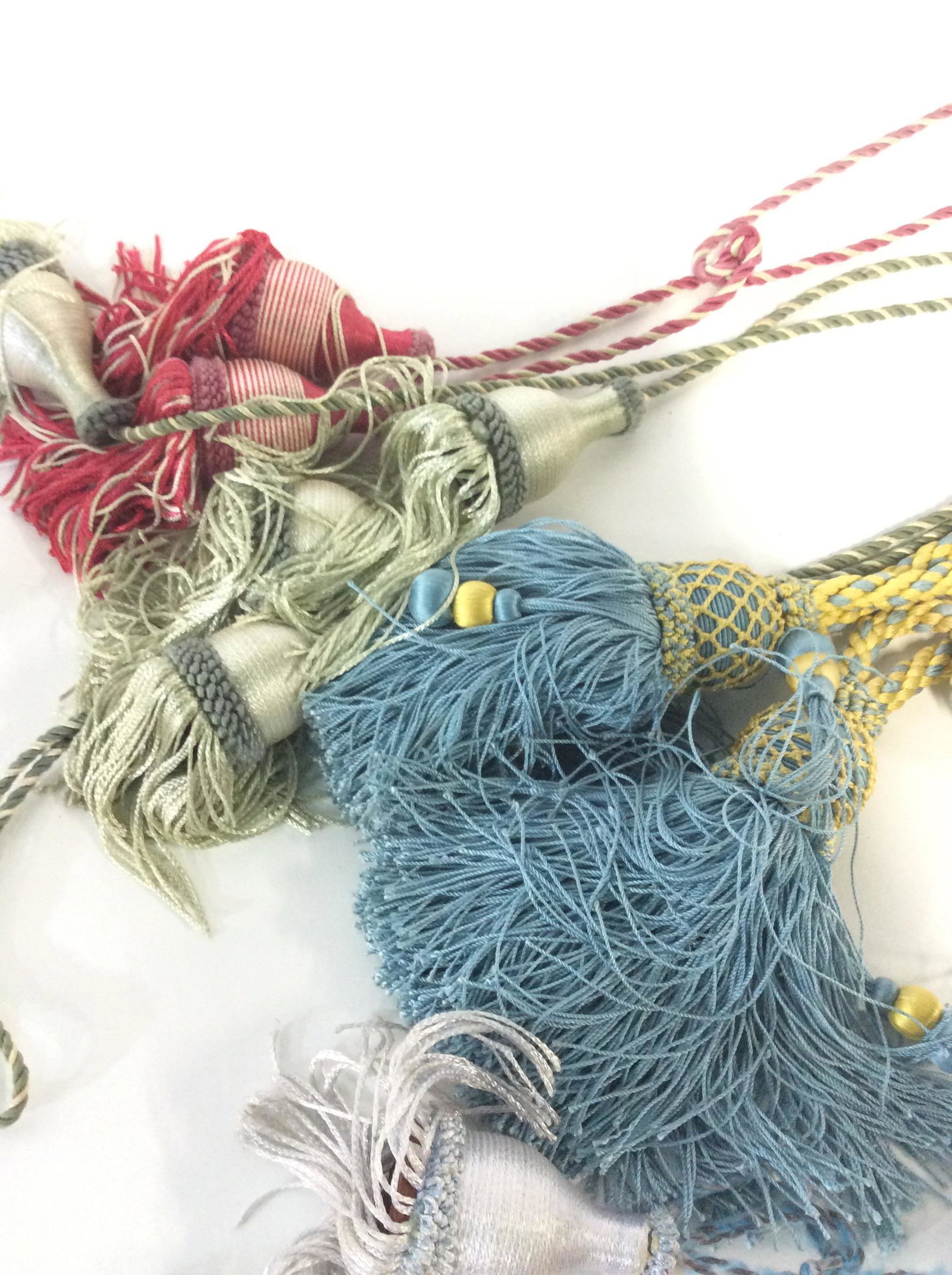 Luxury Lot 5 Woven Drape Tassel Tiebacks: Yellow & Blue, Pink, pale Green, Silver & Blue. Longer tie backs over 50 in long. Shorter tieback 14 in long. Home Decor & Accessories, Window treatments, Luxury tassel tiebacks, interior decor, Drape