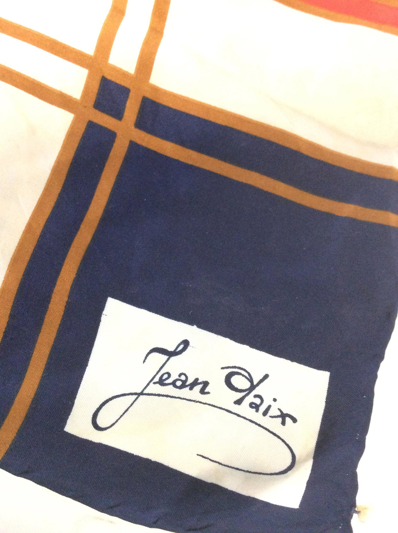 Vintage JEAN OLAIX French Flag Silk Scarf, Signed: Signed Vintage Silk Scarf, Jean OLAIX, Large Check Pattern with French Flag colors of Blue White and Red with Bronze double stripes . 26 x 27 in. Some blemishing consultant with age and use. Luxury Vi